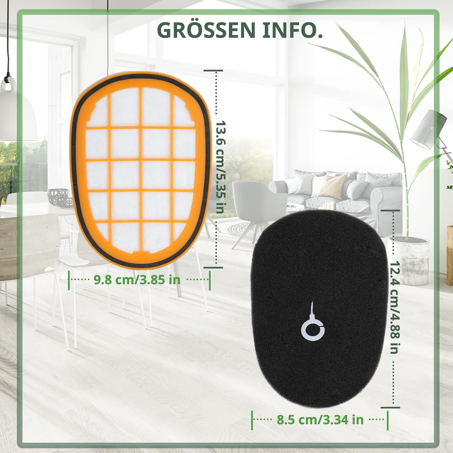 Zwei Luftfilter: einer orange-weiß, der andere schwarz. Abmessungen werden angezeigt. Im Hintergrund ein modernes Wohnzimmer.