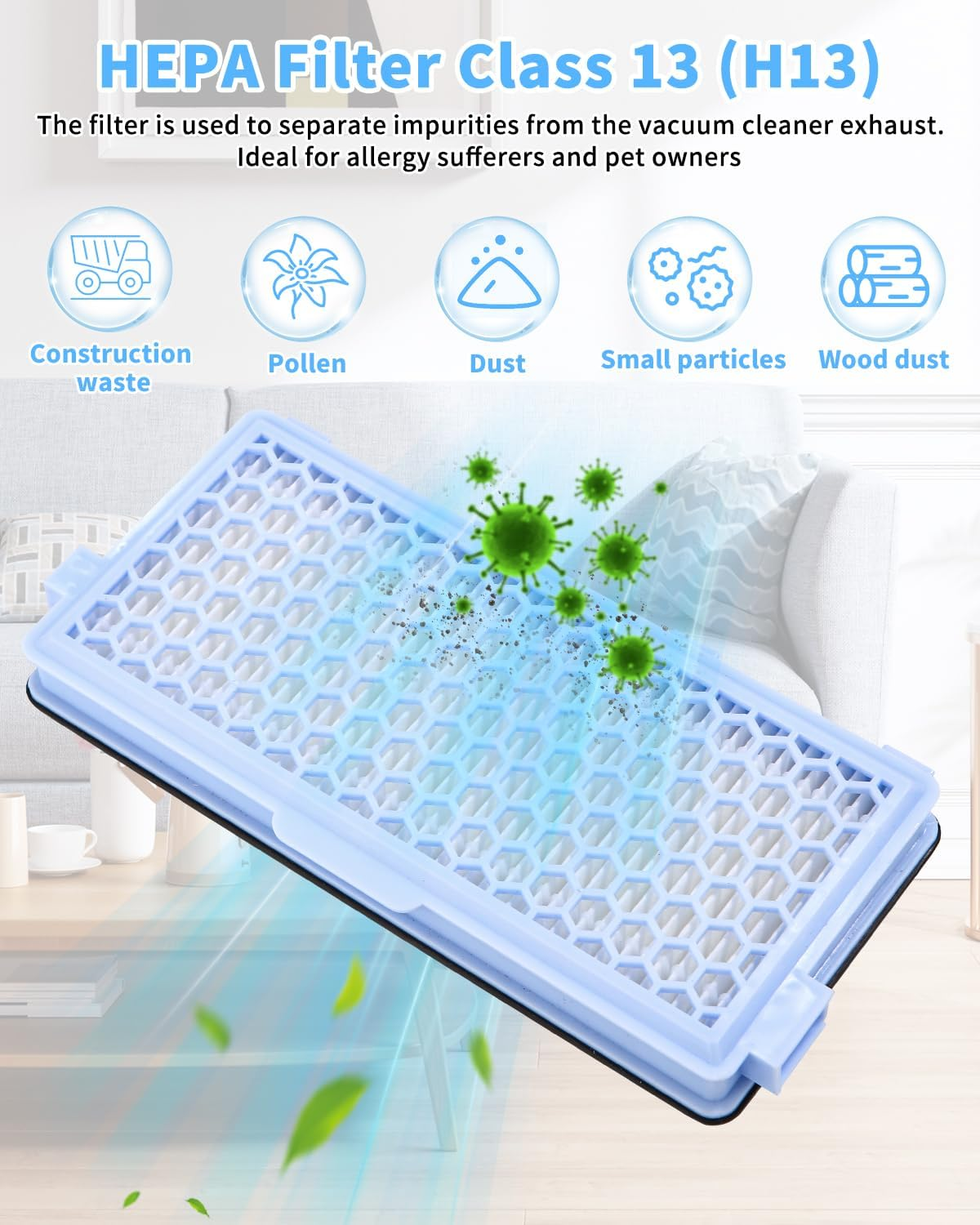 HEPA-Filter mit Wabenmuster. Er entfernt Staub, Pollen und kleine Partikel. Ideal für Allergiker und Tierbesitzer.