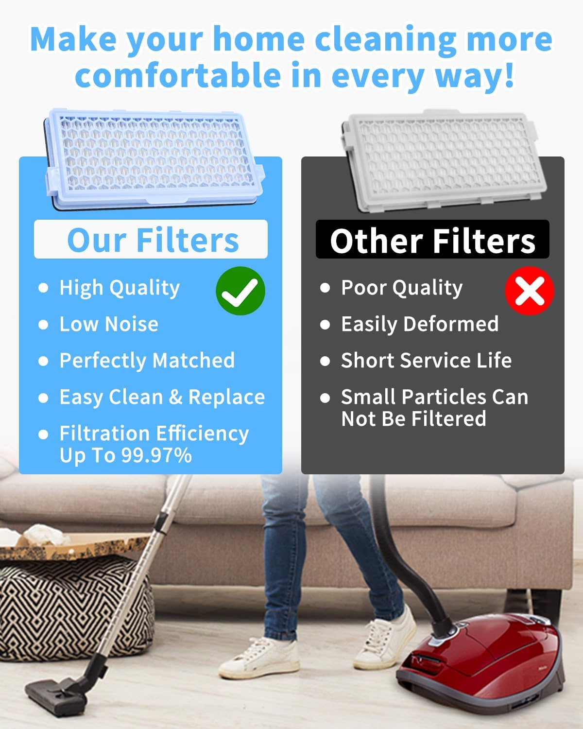 Das Bild vergleicht zwei Filter. 'Unsere Filter' links zeigen positive Eigenschaften. 'Andere Filter' rechts zeigen negative Eigenschaften, mit einem Staubsauger im Hintergrund.