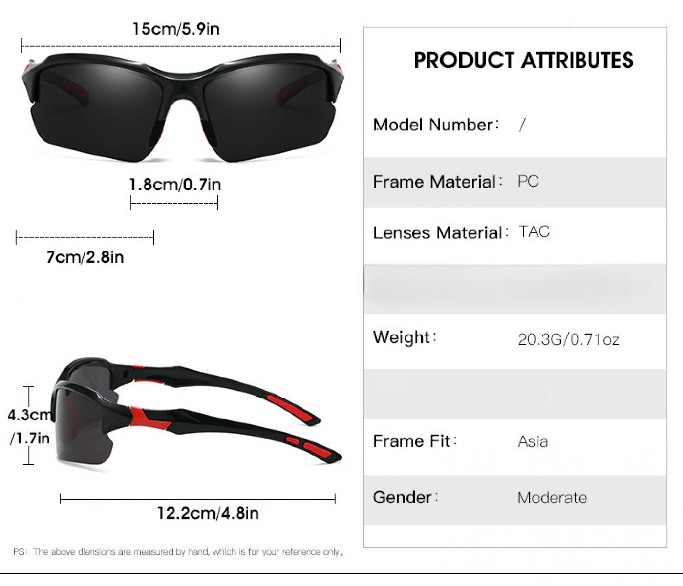 Schwarze Sonnenbrille mit roten Akzenten. Produktdetails umfassen Rahmenmaterial, Linsenmaterial, Gewicht, Rahmenpassform und Geschlecht.