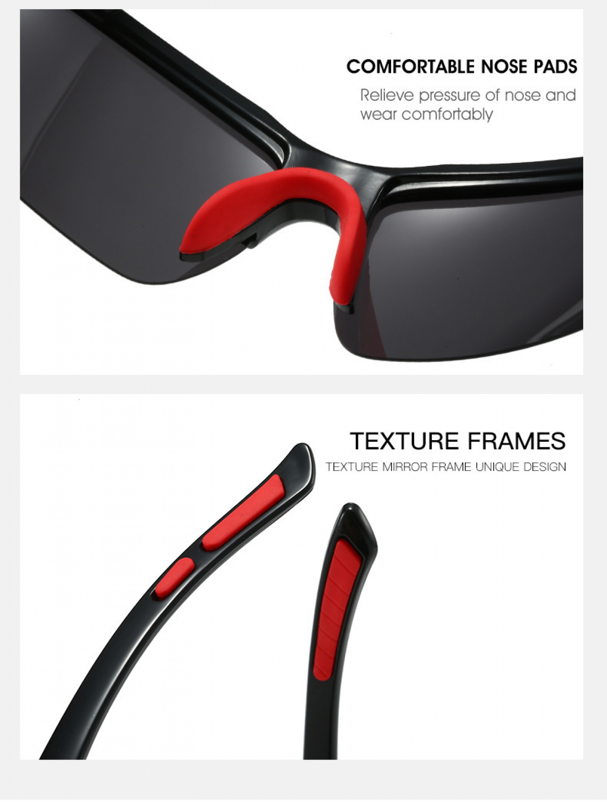 Sonnenbrille mit schwarzem Gestell und dunklen Gläsern. Rote Nasenpads und Bügel. Text: Bequeme Nasenpads, Texturrahmen.
