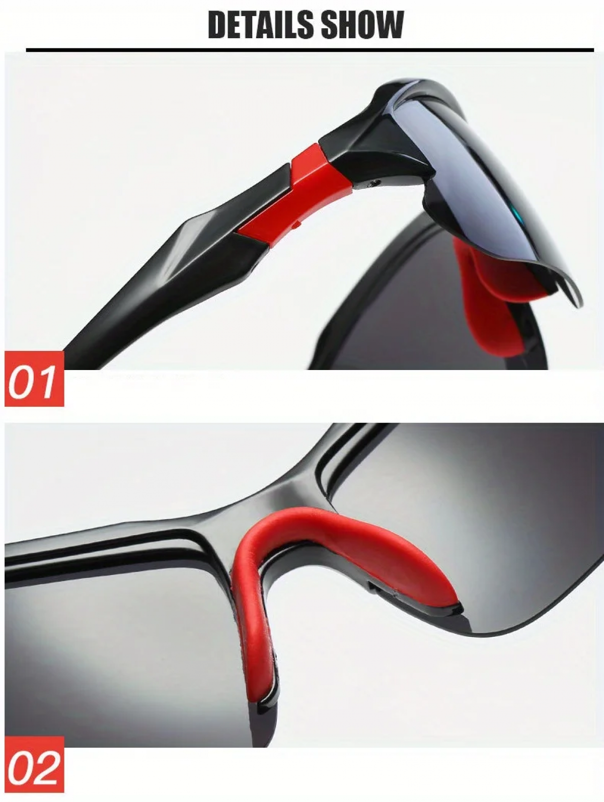 Nahaufnahme einer Sportsonnenbrille. Schwarze Rahmen mit roten Akzenten. Graue Gläser und rote Nasenpads. Weißer Hintergrund mit Text.