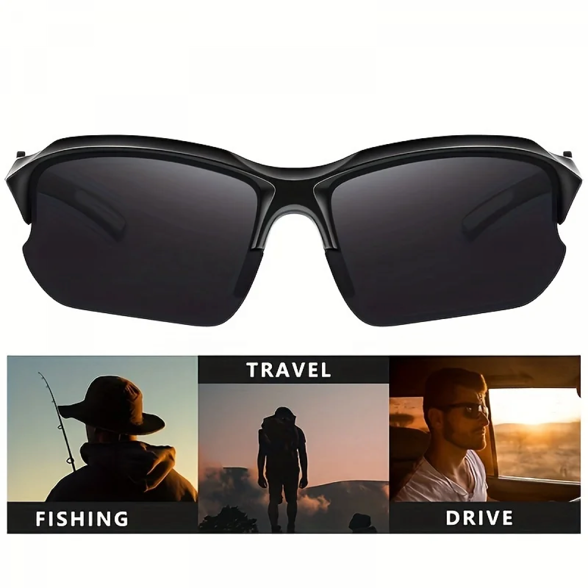 Schwarze Sonnenbrille mit drei kleineren Bildern darunter: Angeln, Reisen und Autofahren. Die Sonnenbrille ist der Hauptfokus des Bildes.