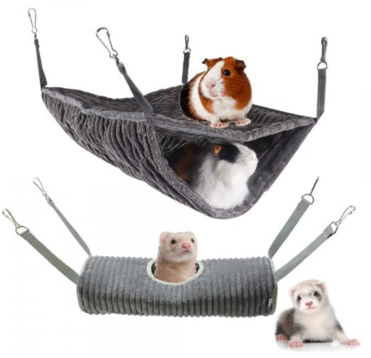 Drei Haustier-Hängematten mit Tieren: Meerschweinchen und ein Frettchen. Die Hängematten sind grau und hängen. Das Frettchen schaut aus der Röhre.