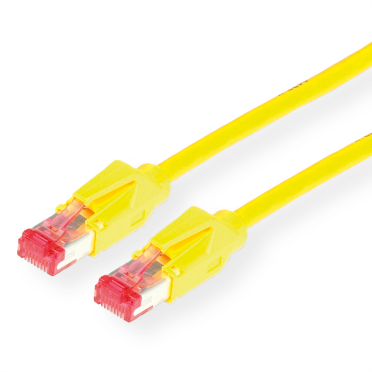 Twee gele Ethernet-kabels met rode en gele connectoren liggen diagonaal op een wit oppervlak.