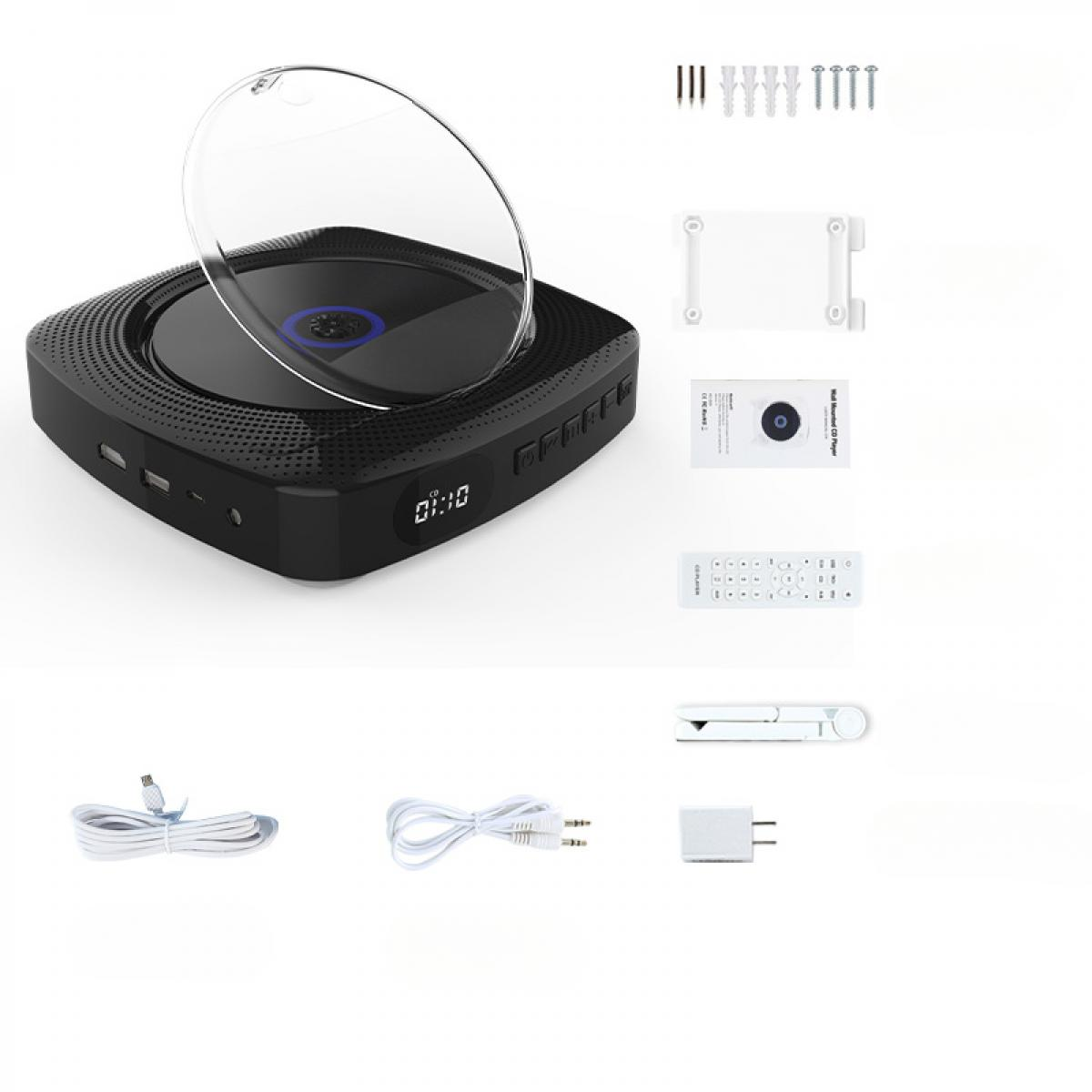Schwarzer CD-Player mit Zubehör: Fernbedienung, Kabel, Netzteil und Montagezubehör. Klare Kunststoff-Abdeckung.