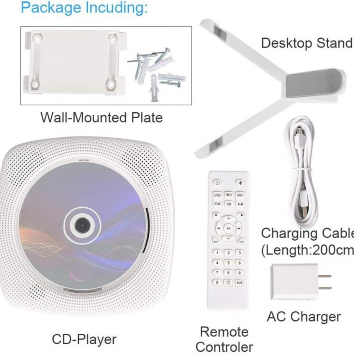 Das Bild zeigt einen CD-Player und Zubehör: Wandhalterung, Tischständer, Fernbedienung, Ladegerät und Kabel.