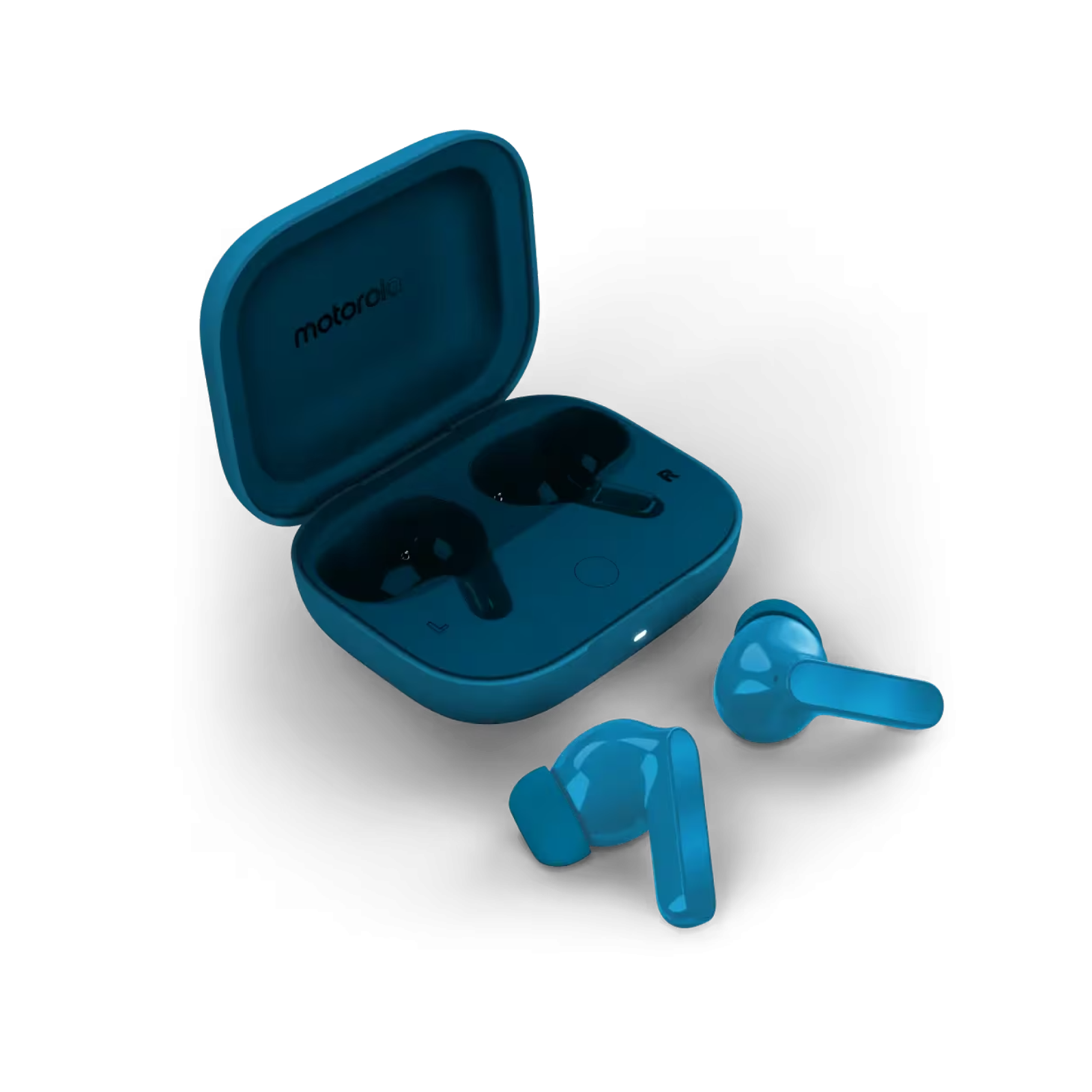 Niebieskie słuchawki Motorola w otwartym etui ładującym, z dwoma odłączonymi słuchawkami. Etui i słuchawki na czarnym tle.
