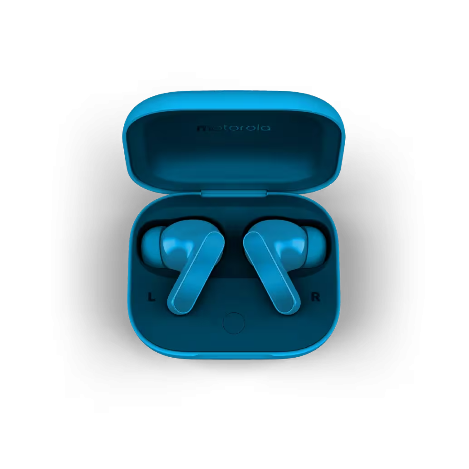 Turkusowe słuchawki Motorola w otwartym etui, oznaczone 'L' i 'R'.