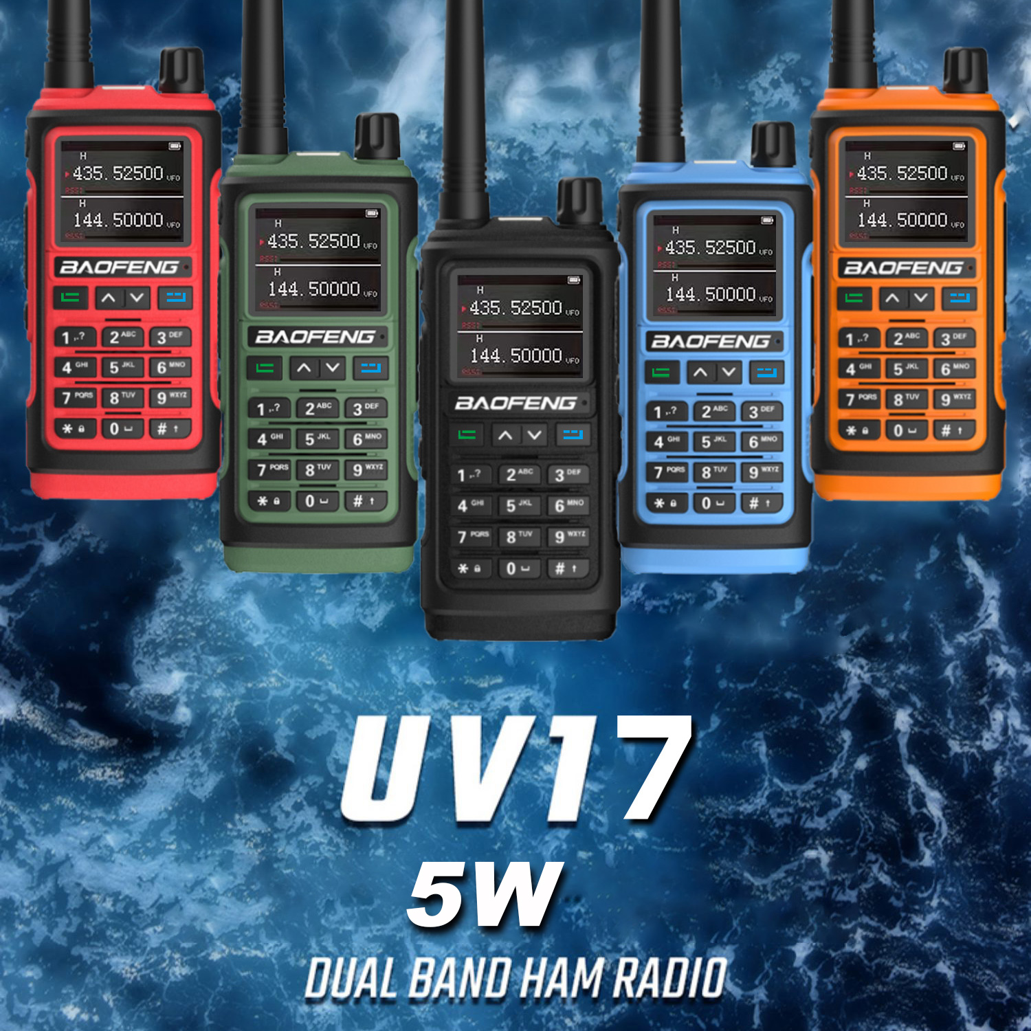 La imagen muestra cinco radios Baofeng UV17. Cada radio tiene una pantalla que muestra frecuencias. Las radios son de diferentes colores.