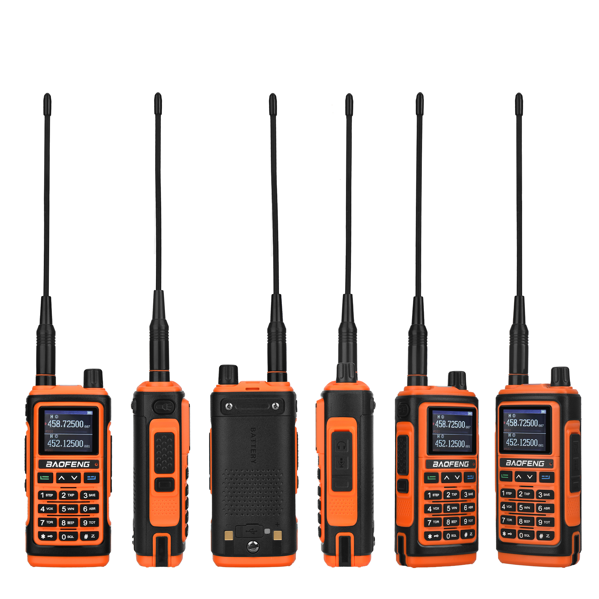 Seis walkie-talkies Baofeng negros y naranjas se muestran desde diferentes ángulos. Cada uno tiene una antena y una pantalla.