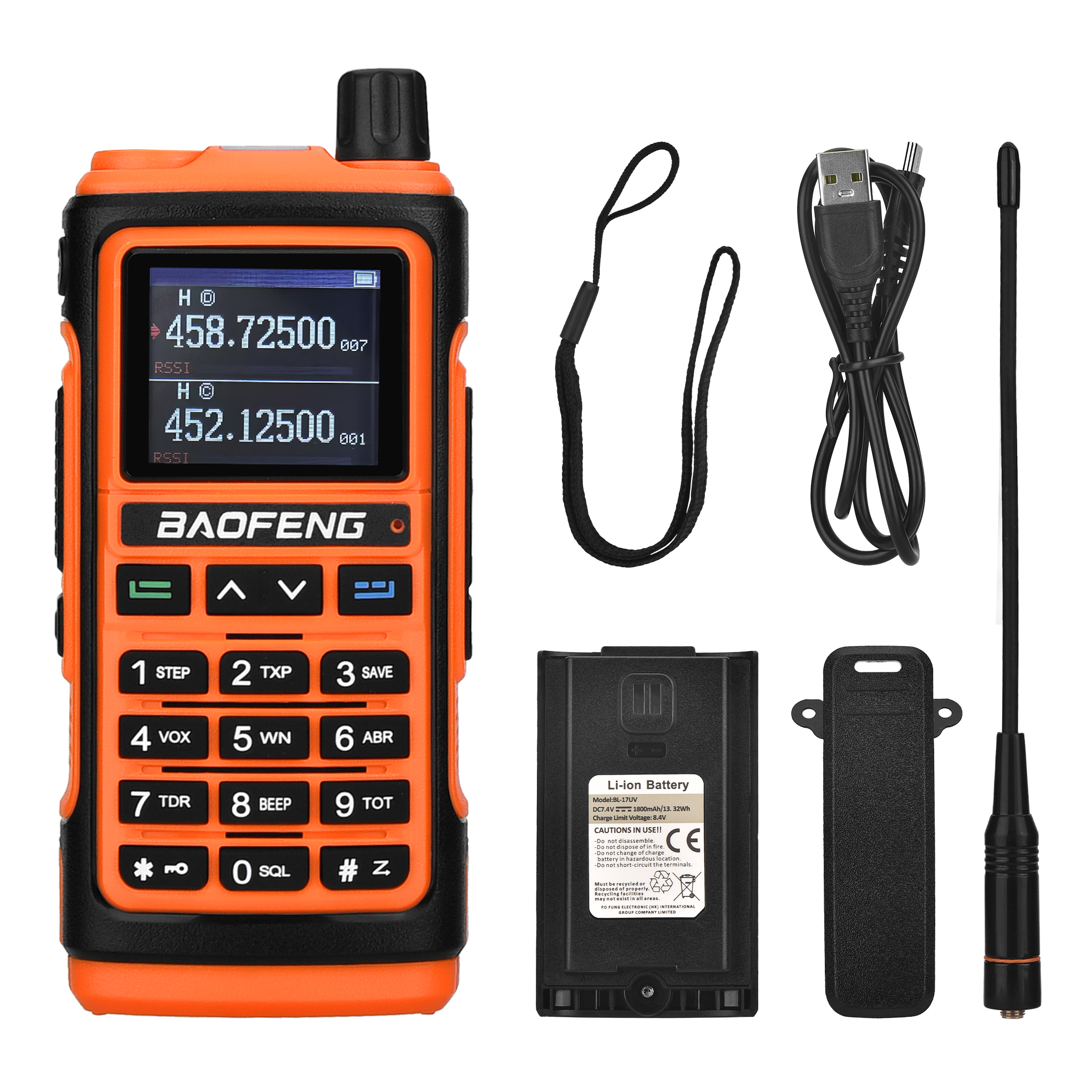 Una radio Baofeng naranja y negra con accesorios: antena, batería, cable cargador y correa de muñeca.