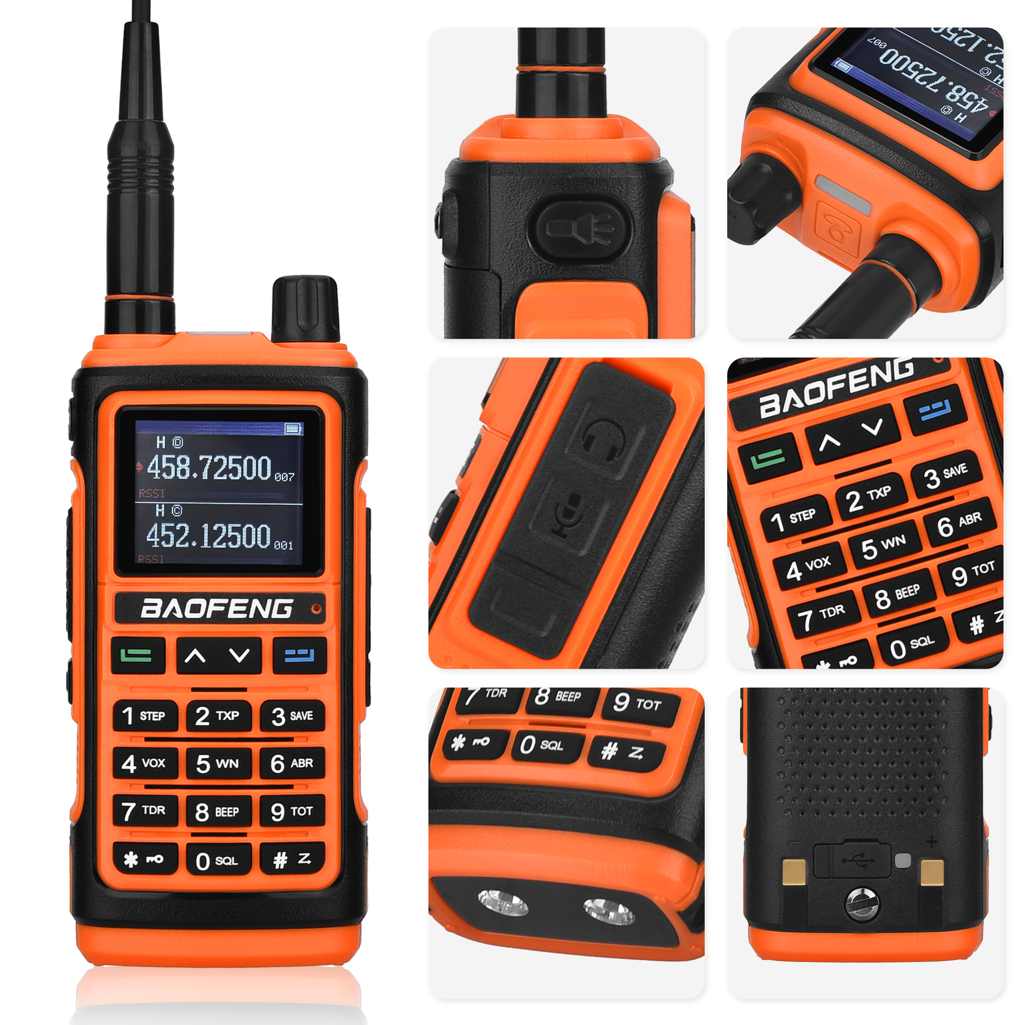 Una radio Baofeng naranja y negra. Tiene una pantalla que muestra frecuencias y un teclado con varios botones de función.