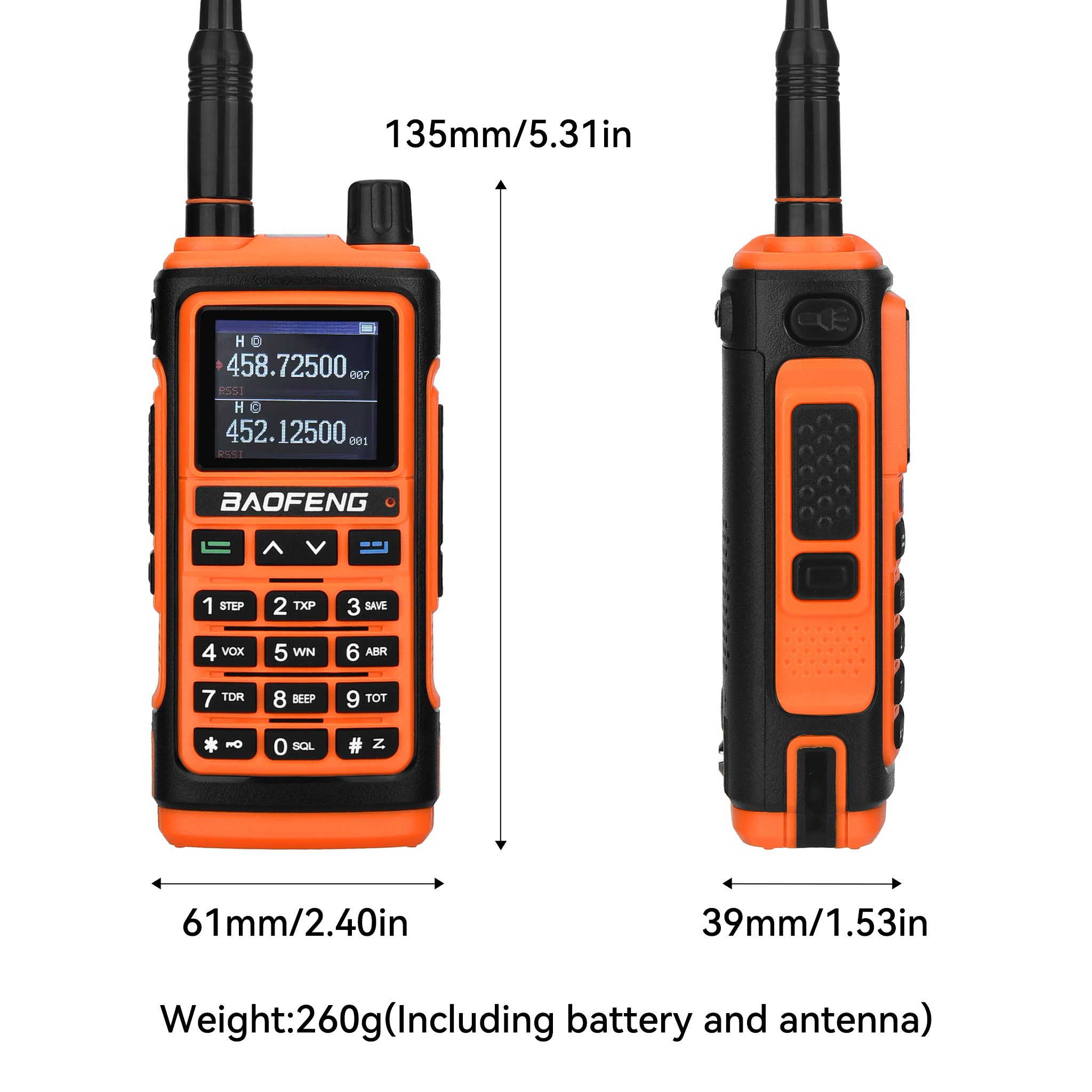 Un radio Baofeng naranja y negro, con medidas y peso.