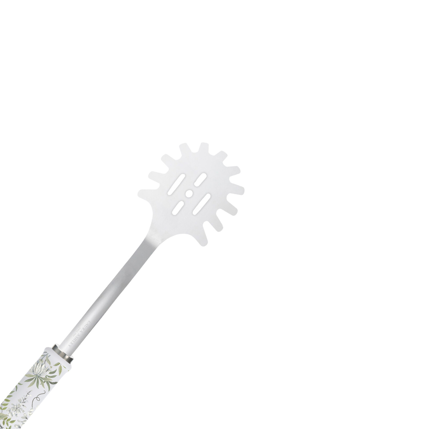 Ein Spaghettiserver mit floralem Griff und geschlitztem Kopf. Er ist vor einem weißen Hintergrund platziert.