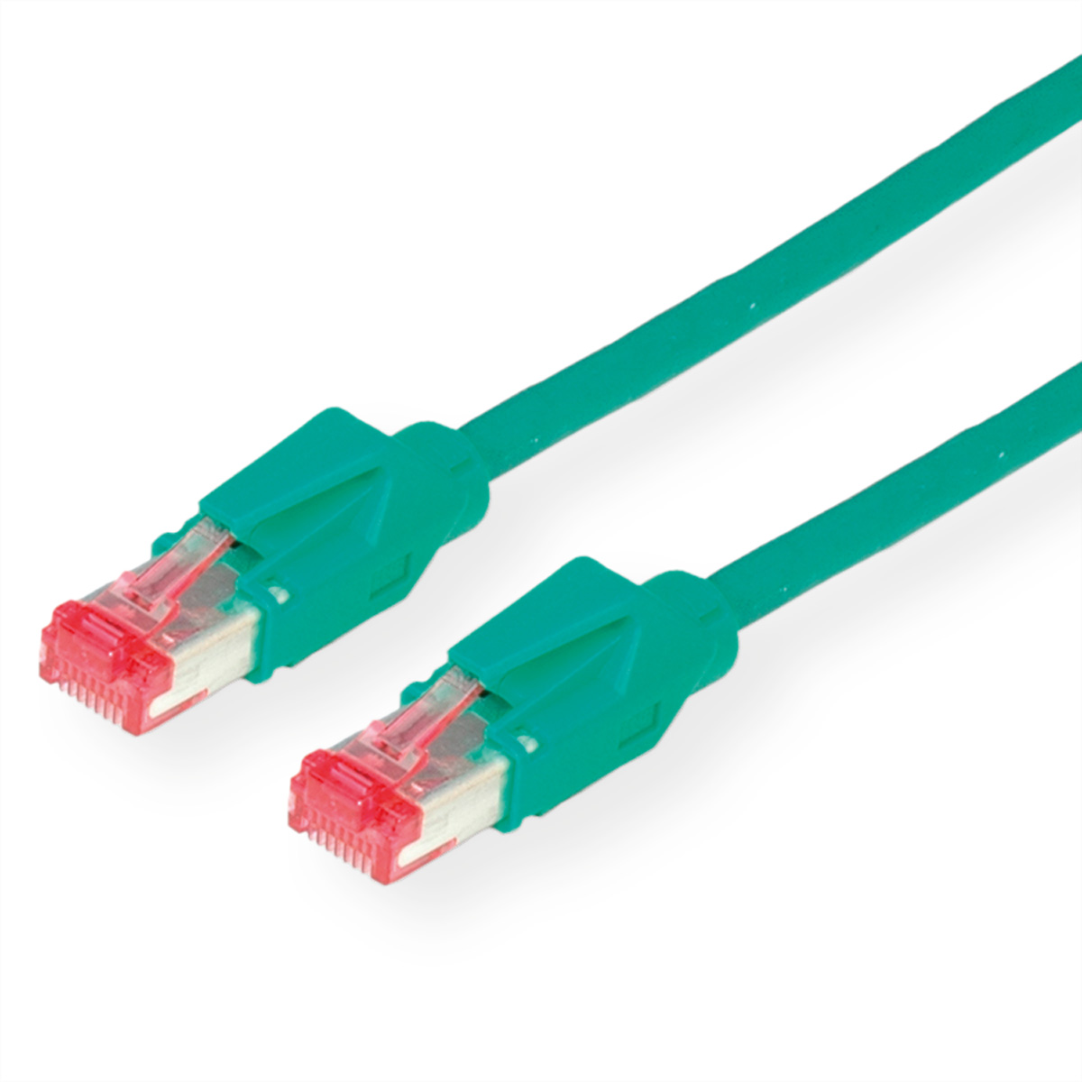 Twee groene netwerkkabels met rode connectoren op een witte achtergrond. De kabels staan schuin, waardoor de connectoren in detail te zien zijn.