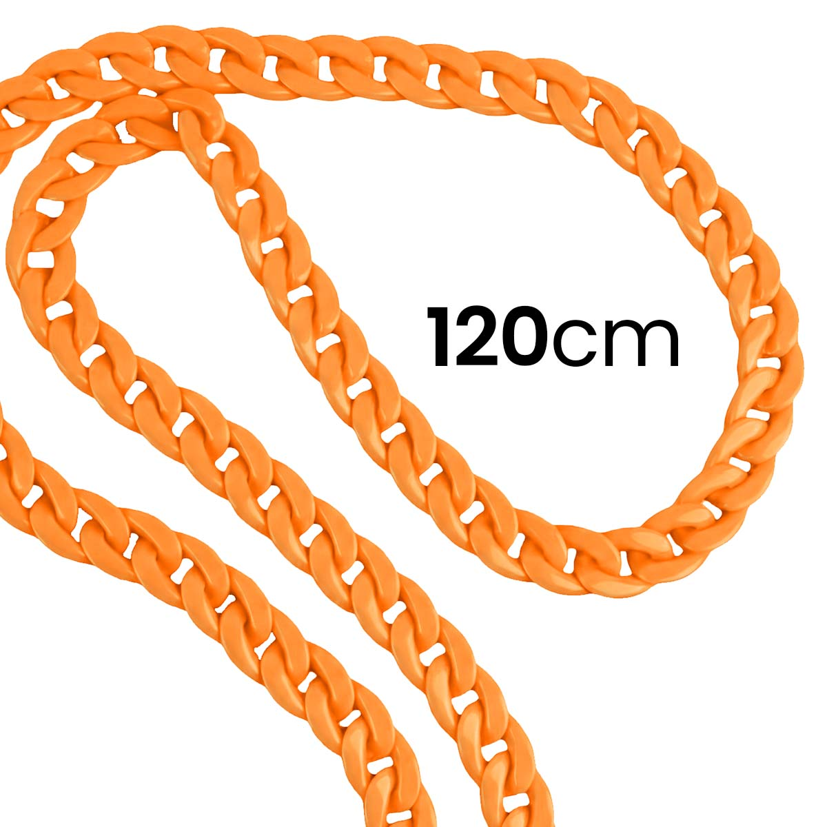 Una catena di plastica arancione su sfondo bianco. Il testo '120cm' è presente. La catena è a forma di anello.