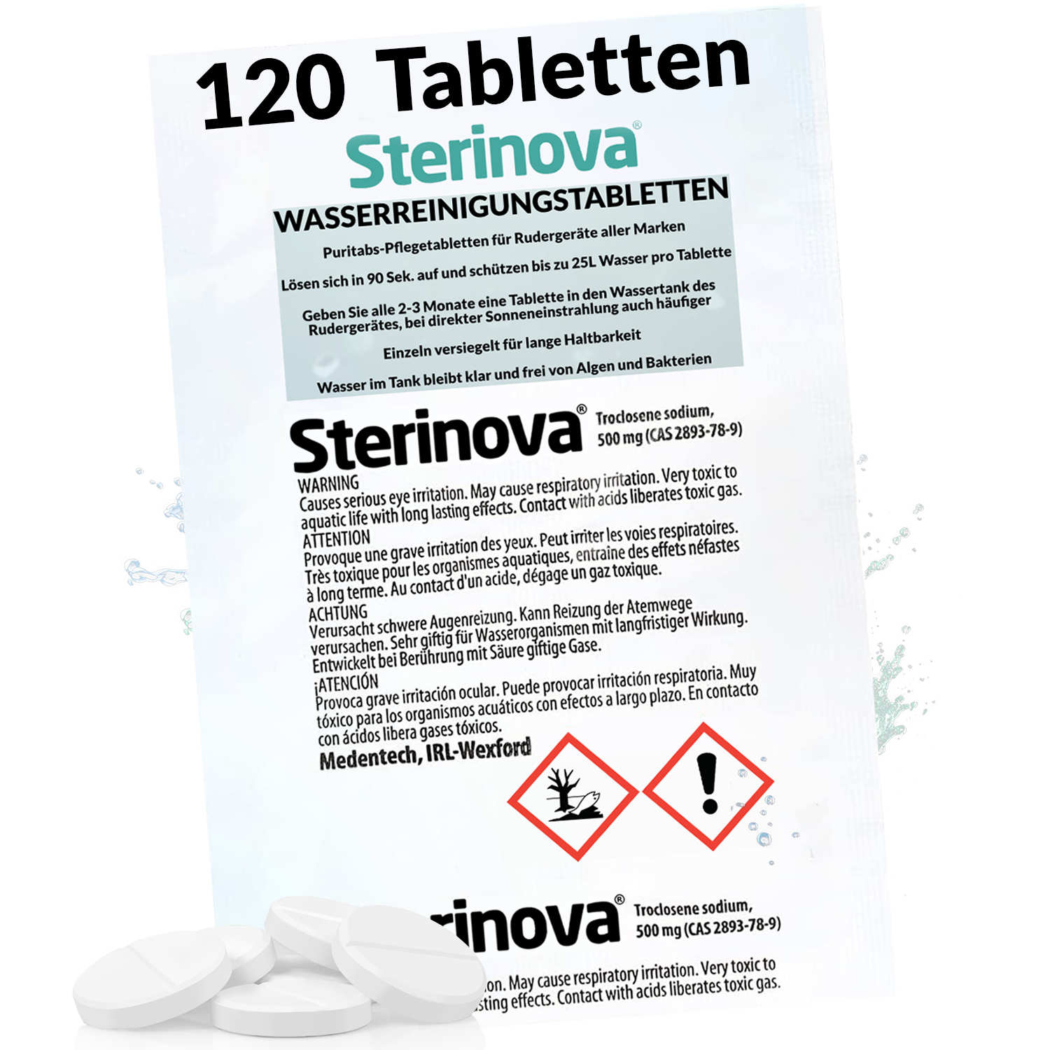 Weiße Sterinova-Tabletten und Verpackung. Text beschreibt die Verwendung zur Wasserreinigung und Warnsymbole.