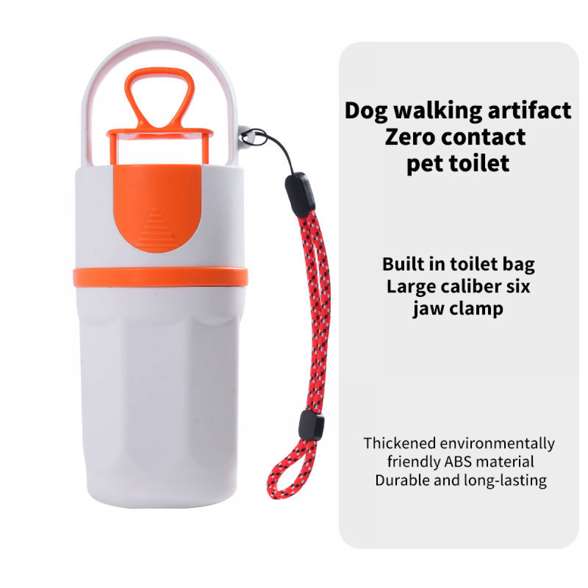 Weiß-oranger Hundebeutelspender mit rotem Schlüsselband. Text: Hunde-Walking-Artefakt, kontaktlose Haustiertoilette.
