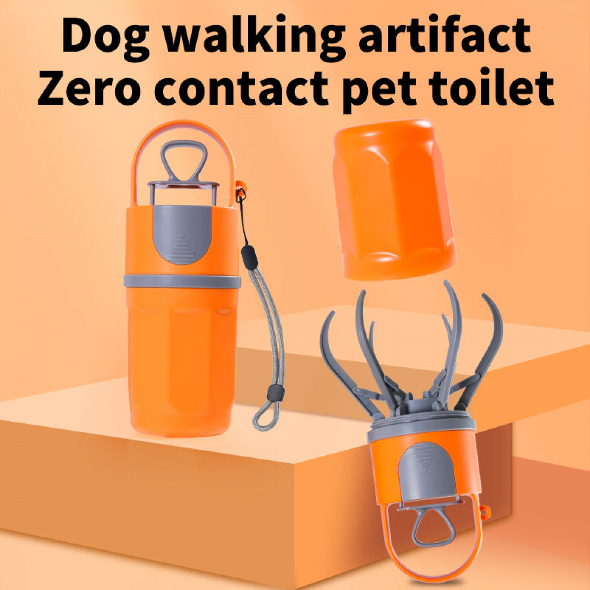 Orangefarbenes Hundekotwerkzeug mit grauen Akzenten, offenem Deckel und einem krallenartigen Schöpfer. Produkt mit der Aufschrift 'Hundespaziergang-Artefakt'.