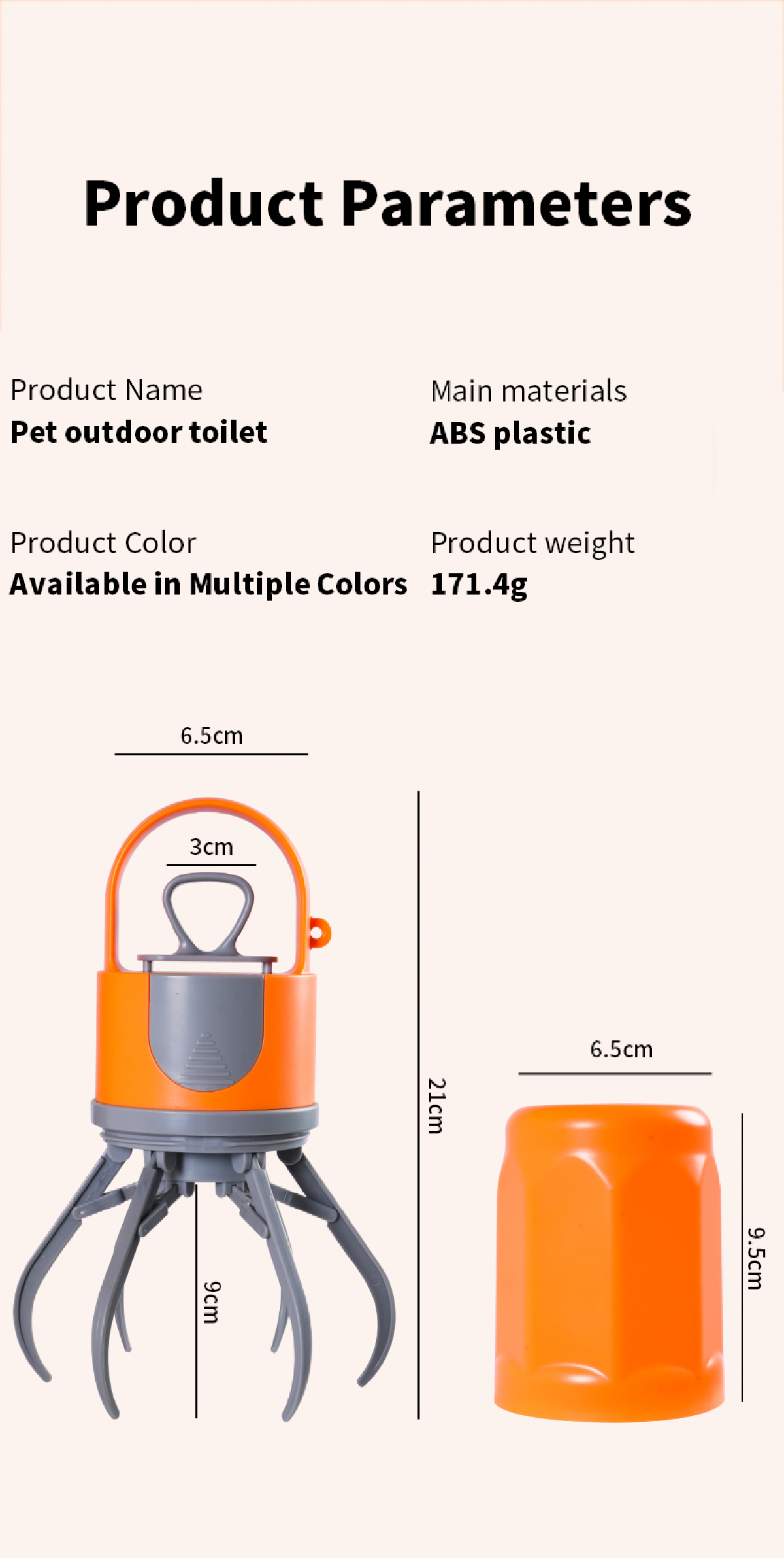 Eine orangefarbene und graue Haustier-Außentoilette mit Abmessungen wird mit ihren Produktparametern angezeigt.