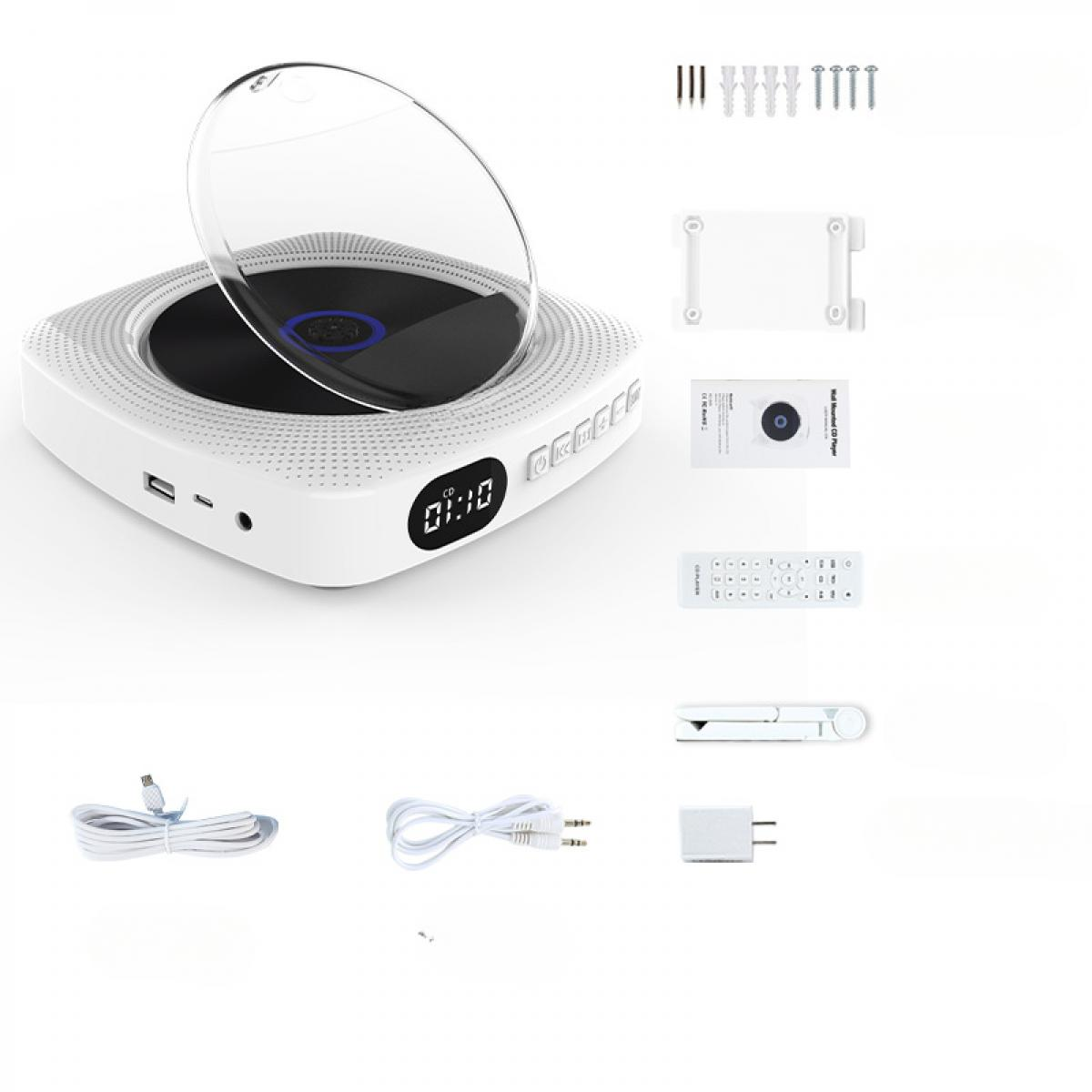 Ein weißer CD-Player mit offenem, transparentem Deckel. Zubehör: Fernbedienung, Kabel und Netzteil, alles auf weißem Grund.