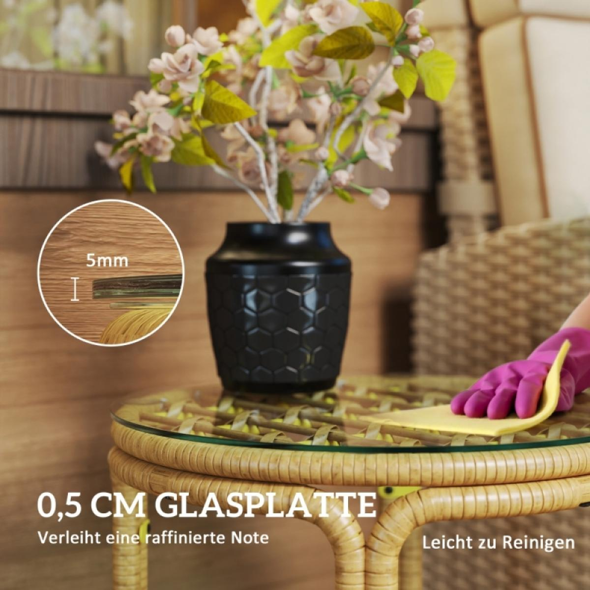 Ein Tisch mit einer schwarzen Vase und Blumen. Eine Hand in einem rosa Handschuh reinigt die Glasplatte mit einem gelben Tuch.