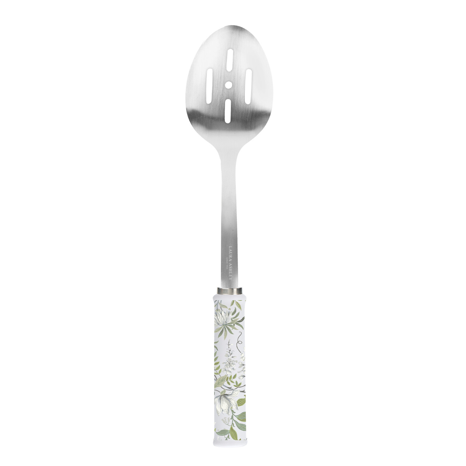 Ein geschlitzter Löffel mit floralem Design am Griff. Der Löffel ist aus Edelstahl. Auf dem Griff ist Laura Ashley aufgedruckt.