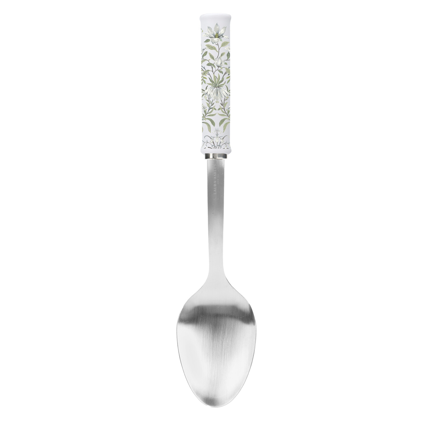 Ein Metalllöffel mit einem weißen Griff, der mit grünen floralen Mustern verziert ist, vor einem weißen Hintergrund. Der Löffel ist zentriert.