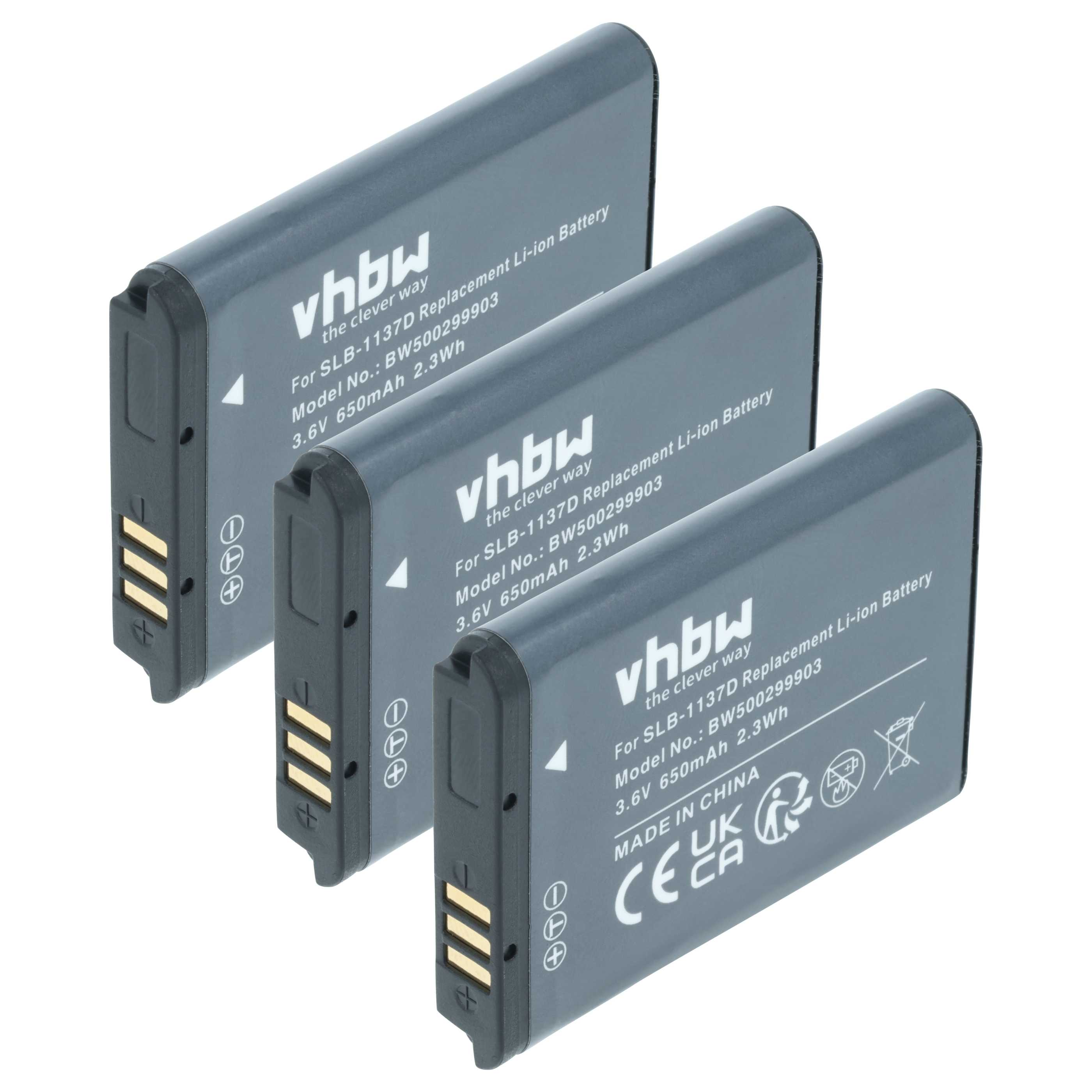 Drei graue Batterien sind gestapelt. Jede hat Text, einschließlich 'vhbw' und technische Daten.