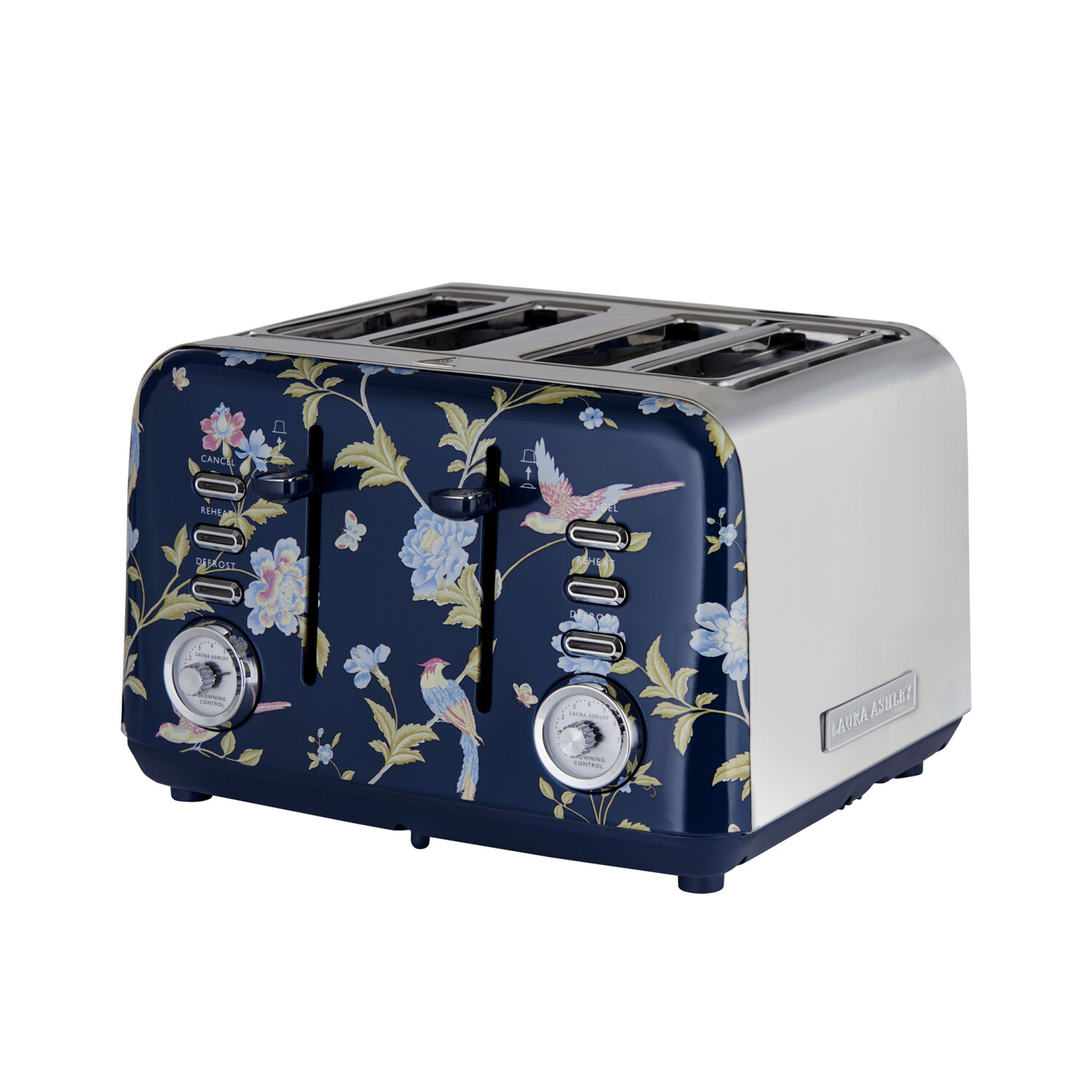 Ein floraler Toaster mit marineblauem Sockel, verziert mit Blumen und Vögeln. Edelstahlseiten und -oberseite mit Schlitzen für Brot.