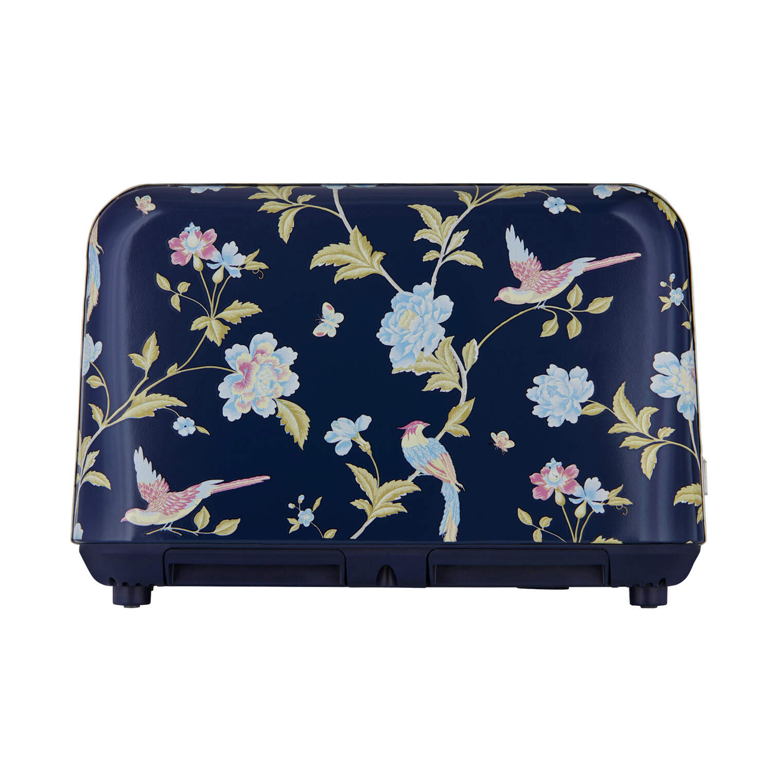 Ein marineblauer Toaster mit Blumen- und Vogelmustern. Blumen sind rosa und blau, Vögel rosa und gelb. Weißer Hintergrund.