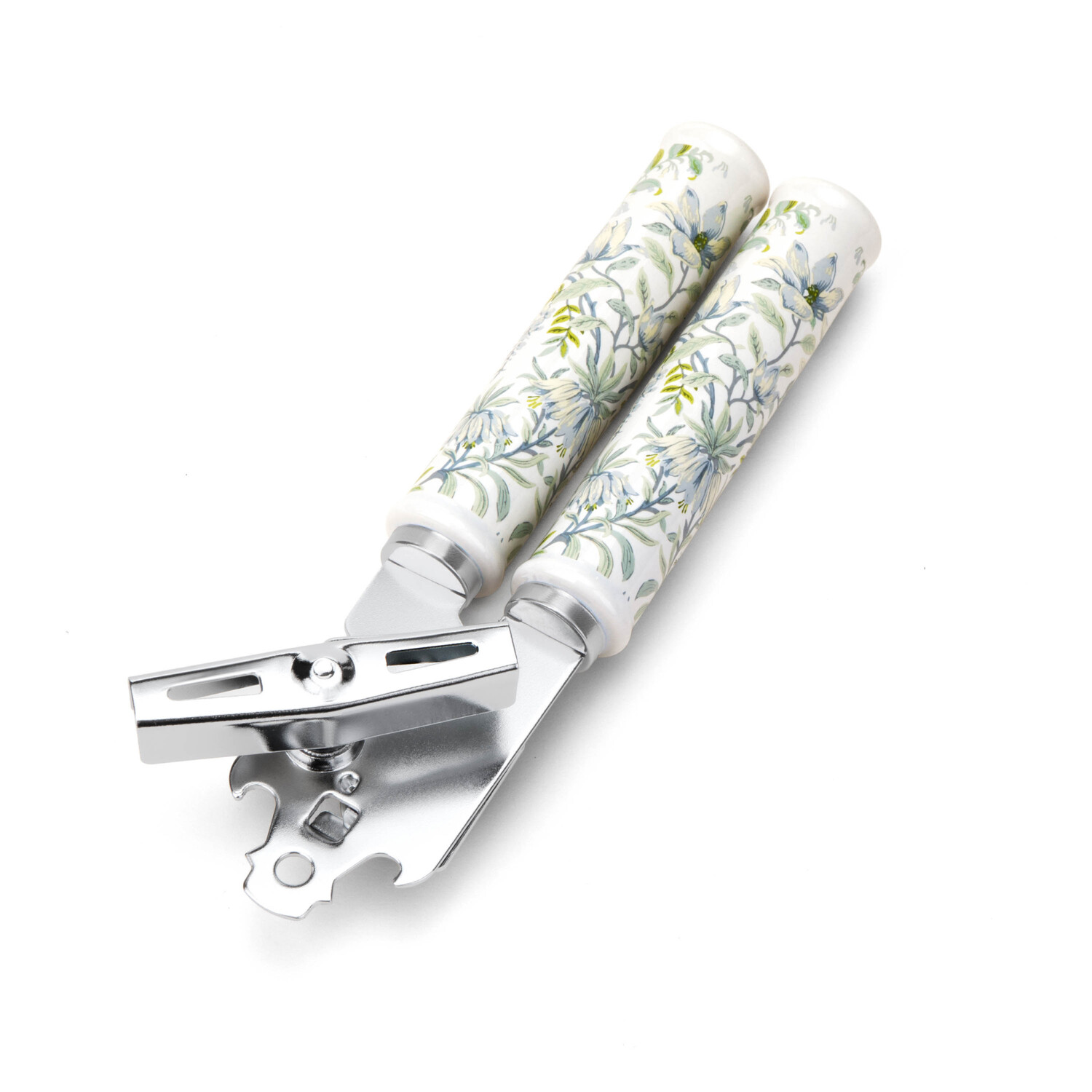 Ein Dosenöffner mit floral gemusterten Griffen aus Keramik und Edelstahl liegt auf weißem Untergrund.