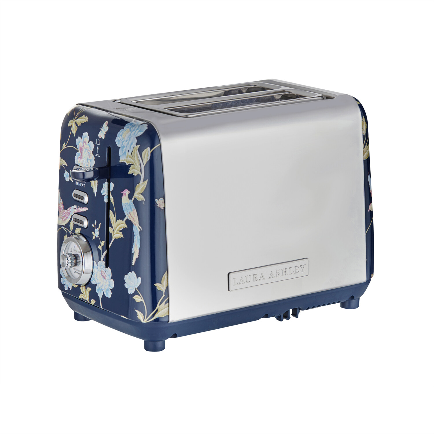 Ein Toaster für zwei Scheiben mit floralem Design an den Seiten. Er hat einen silbernen Körper und dunkelblaue Akzente. Die Marke ist 'Laura Ashley'.