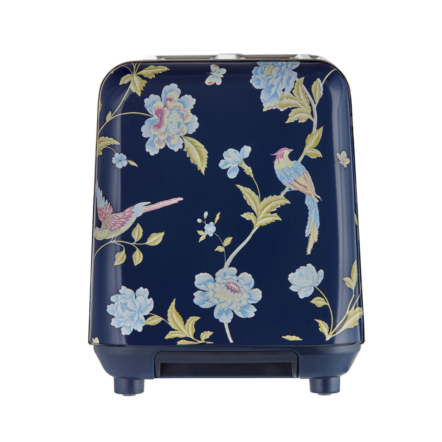 Dunkelblauer Toaster mit Blumen- und Vogelmotiven. Die Blumen sind hellblau und rosa. Vögel sind bunt. Der Boden hat vier Füße.