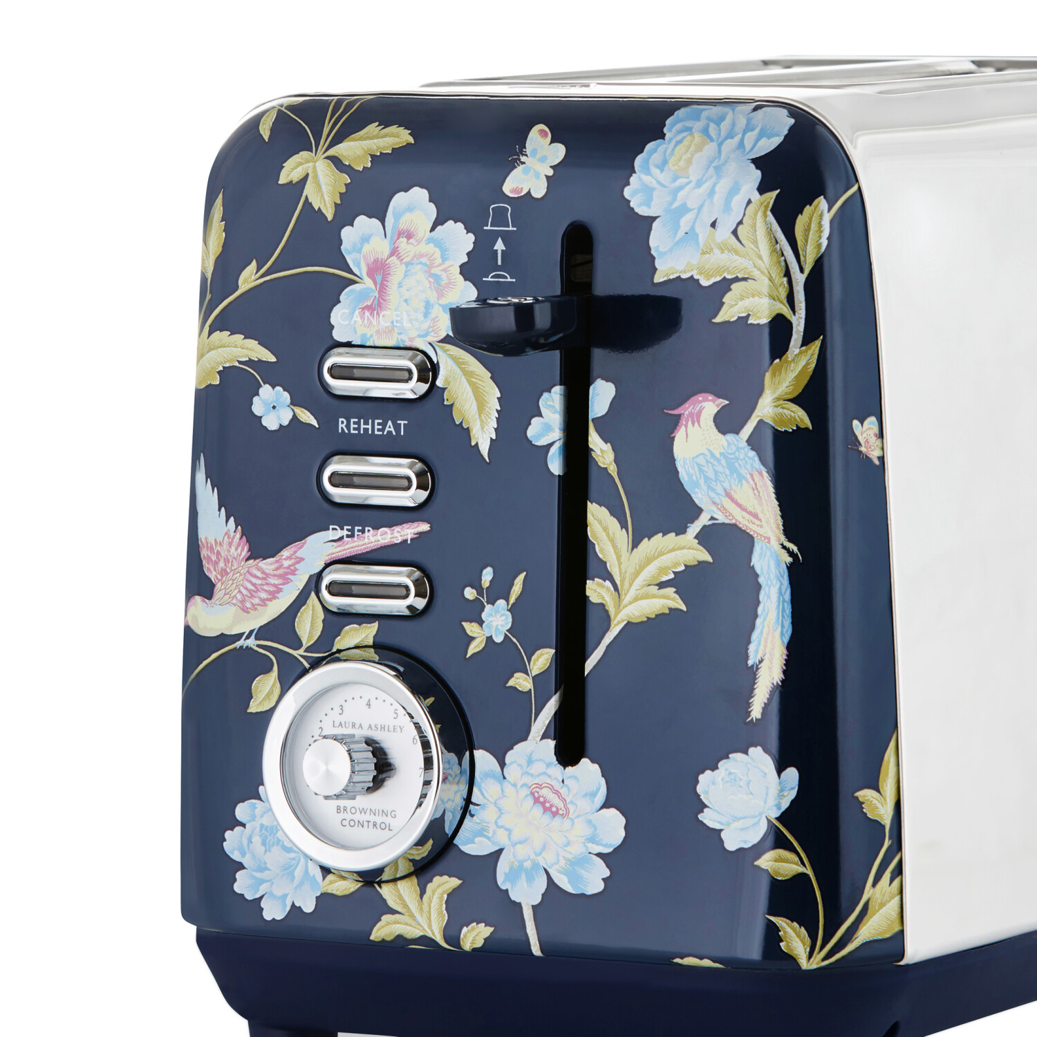 Ein floraler Toaster mit marineblauem Sockel, verziert mit Blumen und Vögeln. Hat Chromakzente und einen Bräunungsregler.