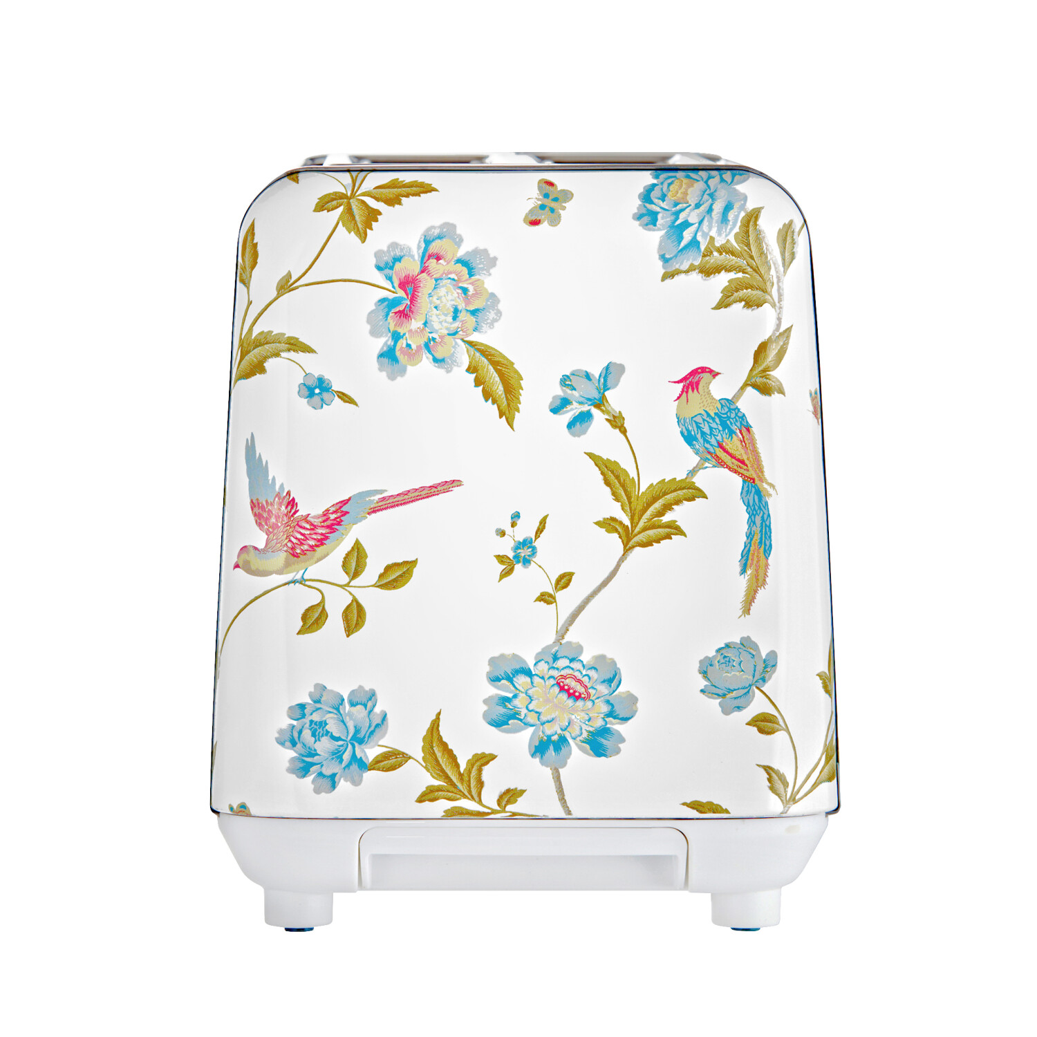 Weißer Toaster mit Blumenmuster und Vögeln. Blaue, rosa und gelbe Blumen und Vögel auf der Oberfläche.