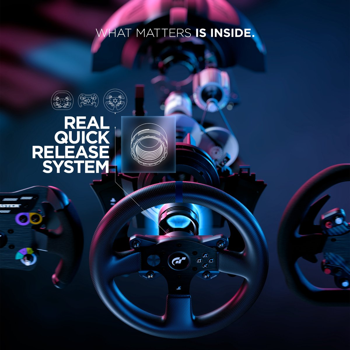 La imagen muestra varios volantes de carreras con el texto 'REAL QUICK RELEASE SYSTEM'. Los volantes son negros, con iluminación azul y roja.