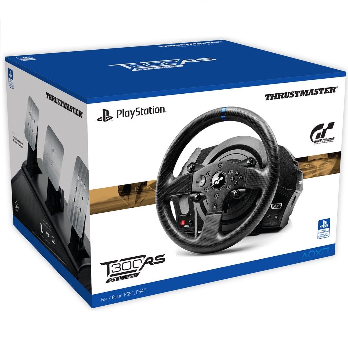 Un volante y juego de pedales Thrustmaster T300RS GT Edition, empaquetado en una caja azul y blanca. La caja presenta la marca.