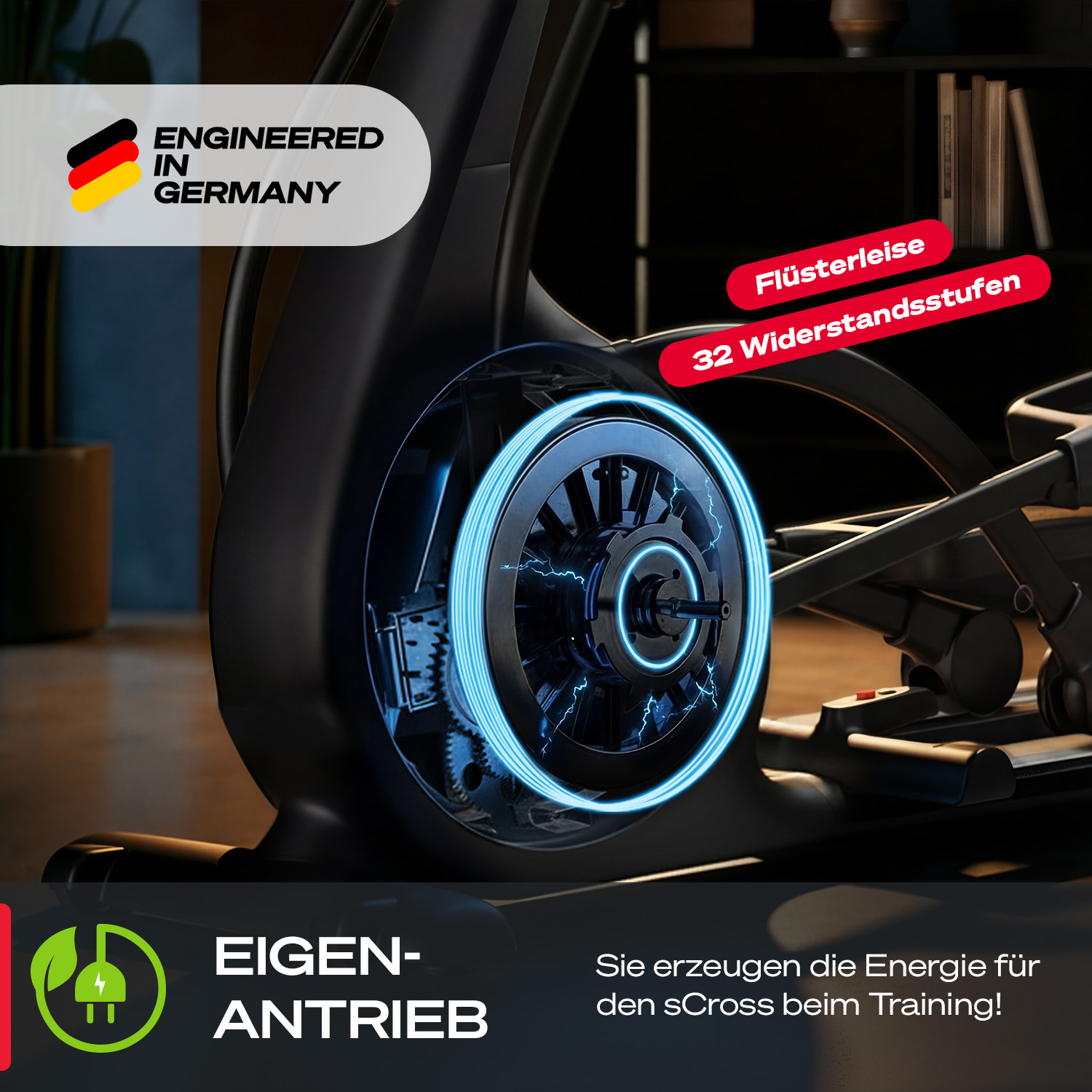 Nahaufnahme einer Ellipsenmaschine. Die Maschine ist schwarz mit blau leuchtenden Lichtern. Text sagt 'ENGINEERED IN GERMANY'.