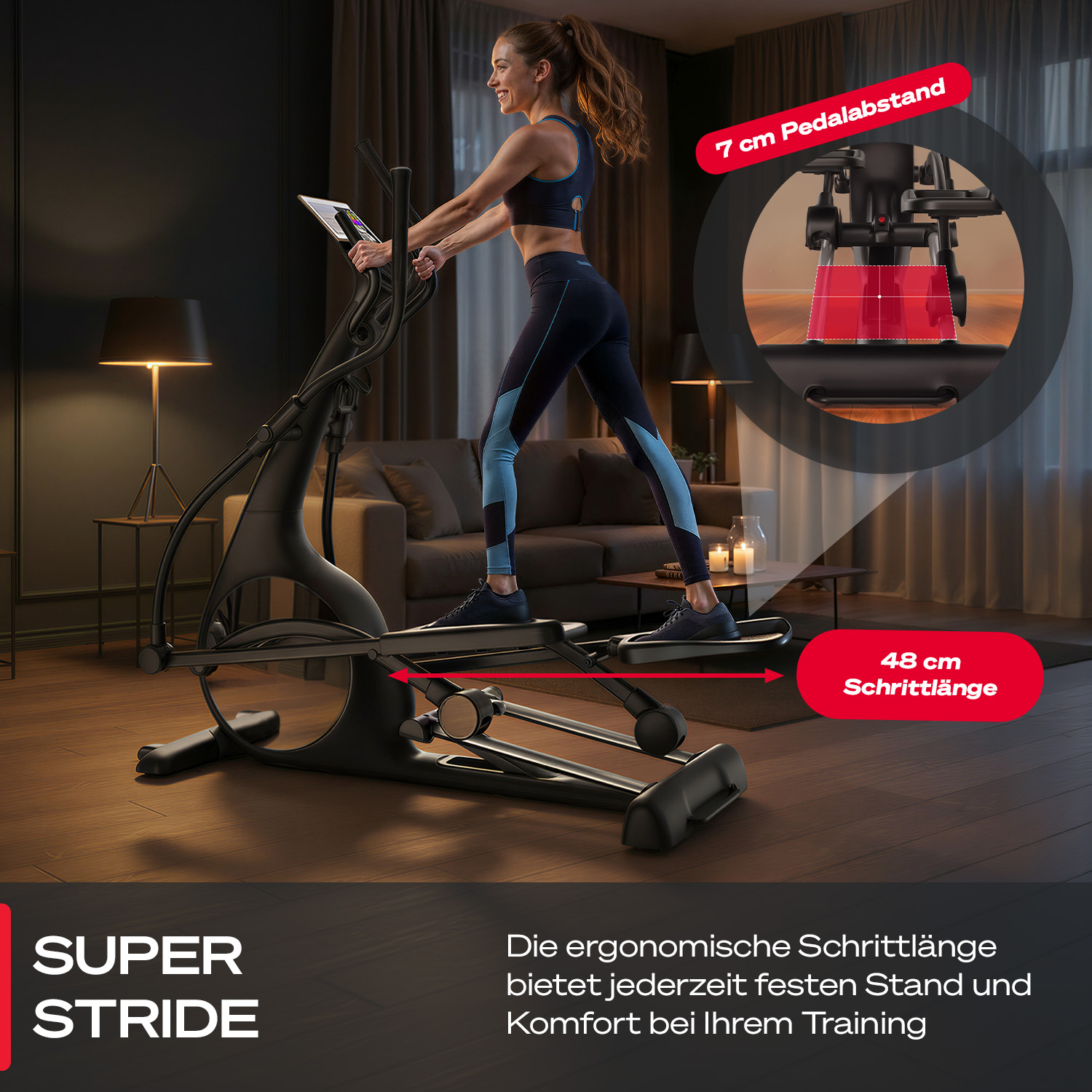 Frau benutzt einen schwarzen Crosstrainer. Text erwähnt 'Super Stride', '7 cm Pedalabstand' und '48 cm Schrittlänge'.