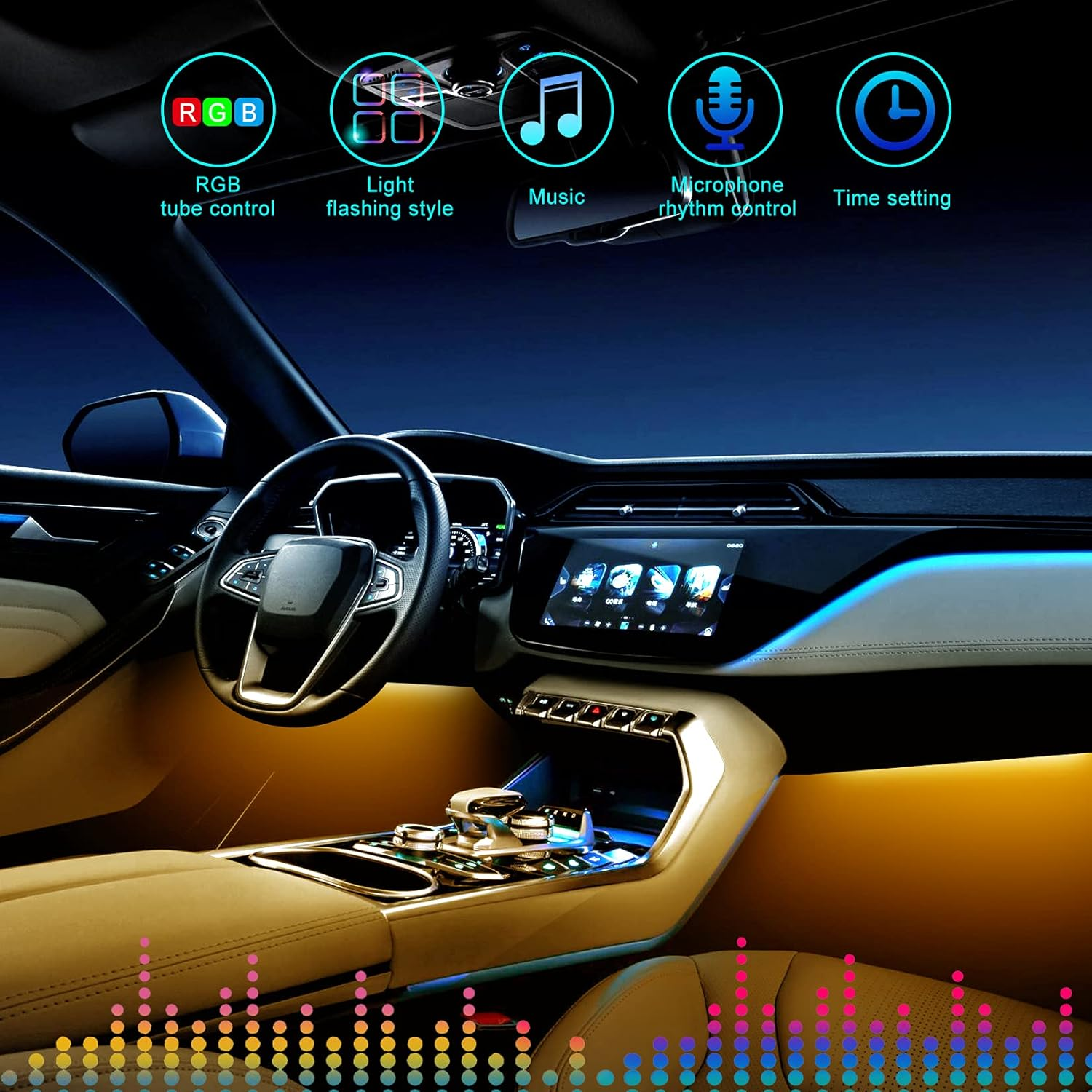 Autoinnenraum mit Ambientebeleuchtung, Symbolen für RGB-Steuerung, Musik und Einstellungen. Armaturenbrett, Lenkrad und Sitze sind sichtbar.