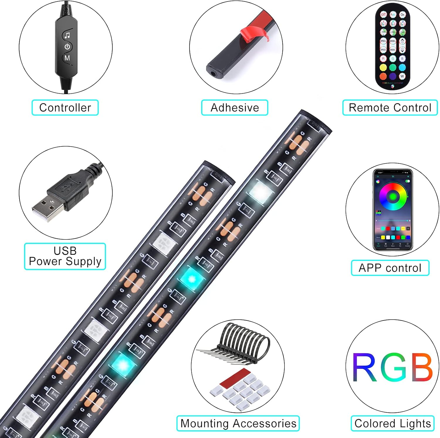 Das Bild zeigt ein LED-Streifenlicht-Kit mit Controller, Klebstoff, Fernbedienung, USB-Stromversorgung und Montagezubehör. Auch App-Steuerung und RGB.