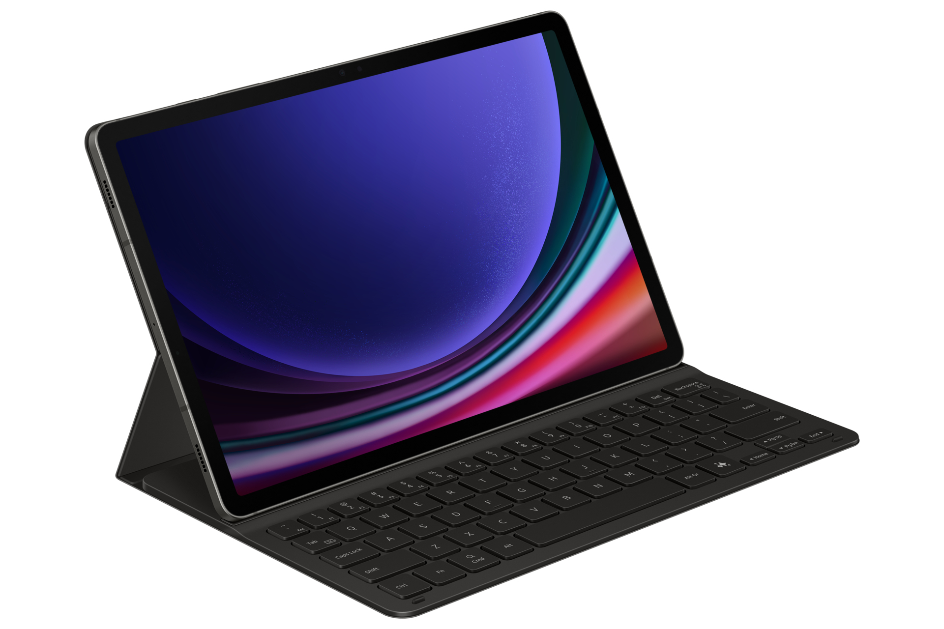 Tablette avec clavier. L'écran affiche de l'art abstrait coloré. Le clavier est noir.