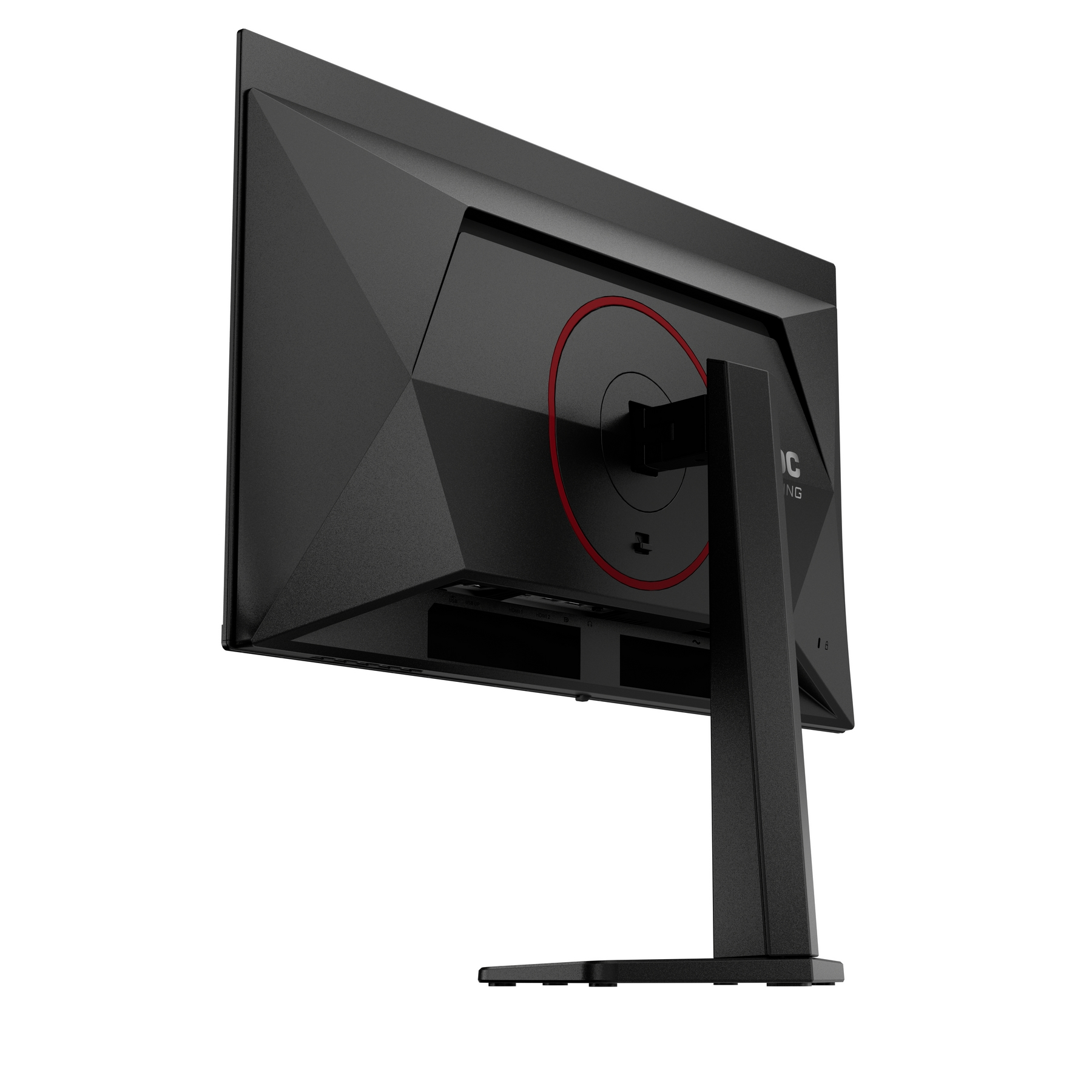 Schwarzer Gaming-Monitor, Rückansicht. Roter Ring, geometrisches Design. Ständer und Fuß sichtbar. Auf weißem Hintergrund isoliert.