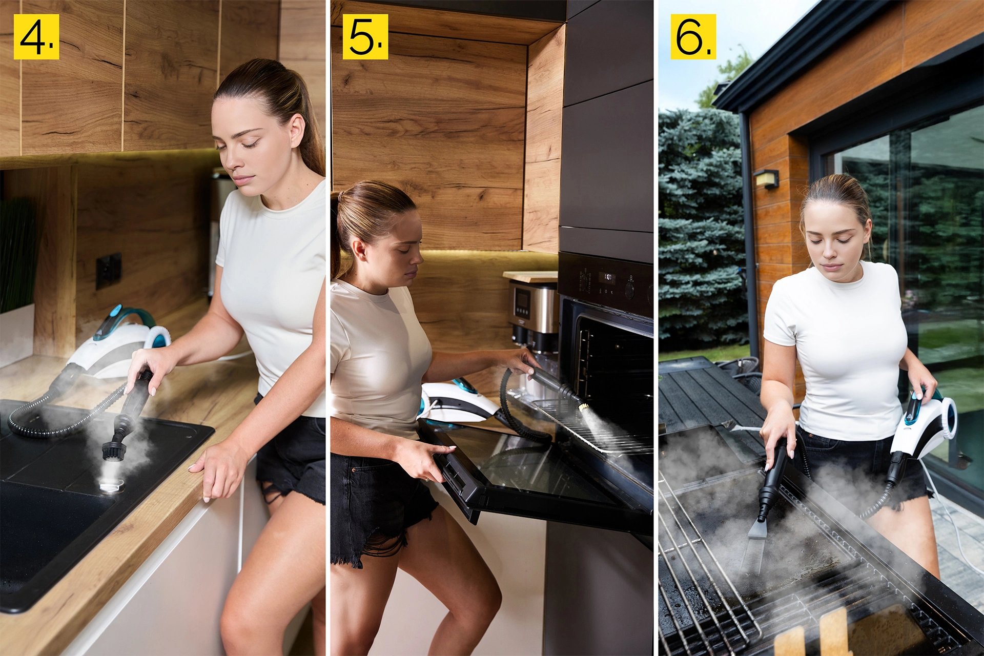 Kobieta czyści powierzchnię kuchenną za pomocą parownicy. Ma na sobie biały top i szorty. Scena przedstawia nowoczesną kuchnię.