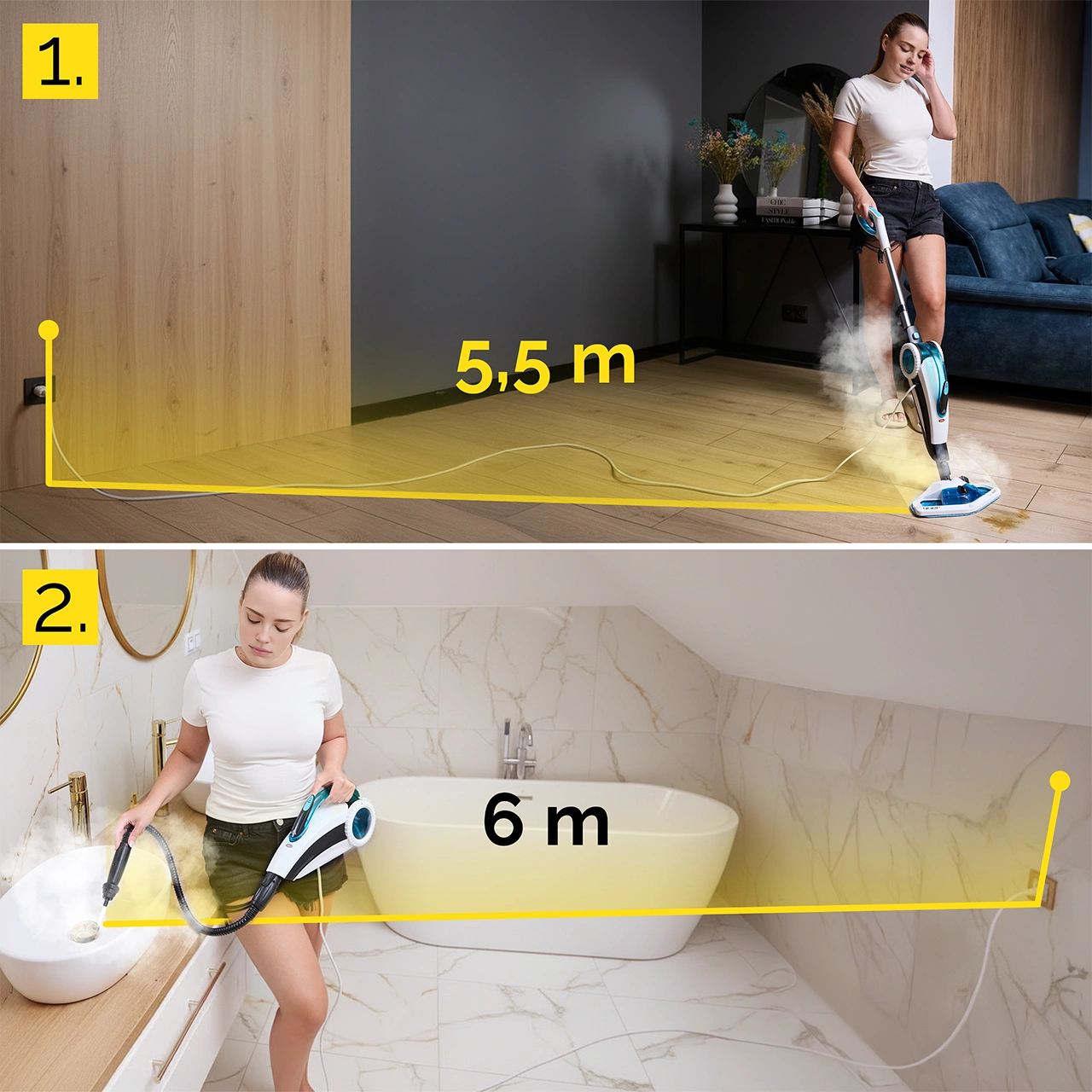Kobieta używa parownicy do podłogi drewnianej. Przewód ma 5,5 m. Inna kobieta czyści zlew przewodem o długości 6 m.