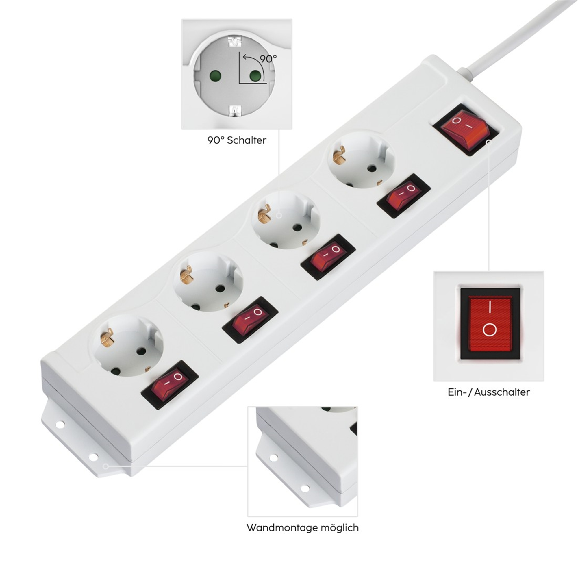 Ein weißes Verlängerungskabel mit vier Steckdosen, roten Schaltern und einem weißen Kabel. Zusätzliche Details werden in den Einlegern gezeigt.