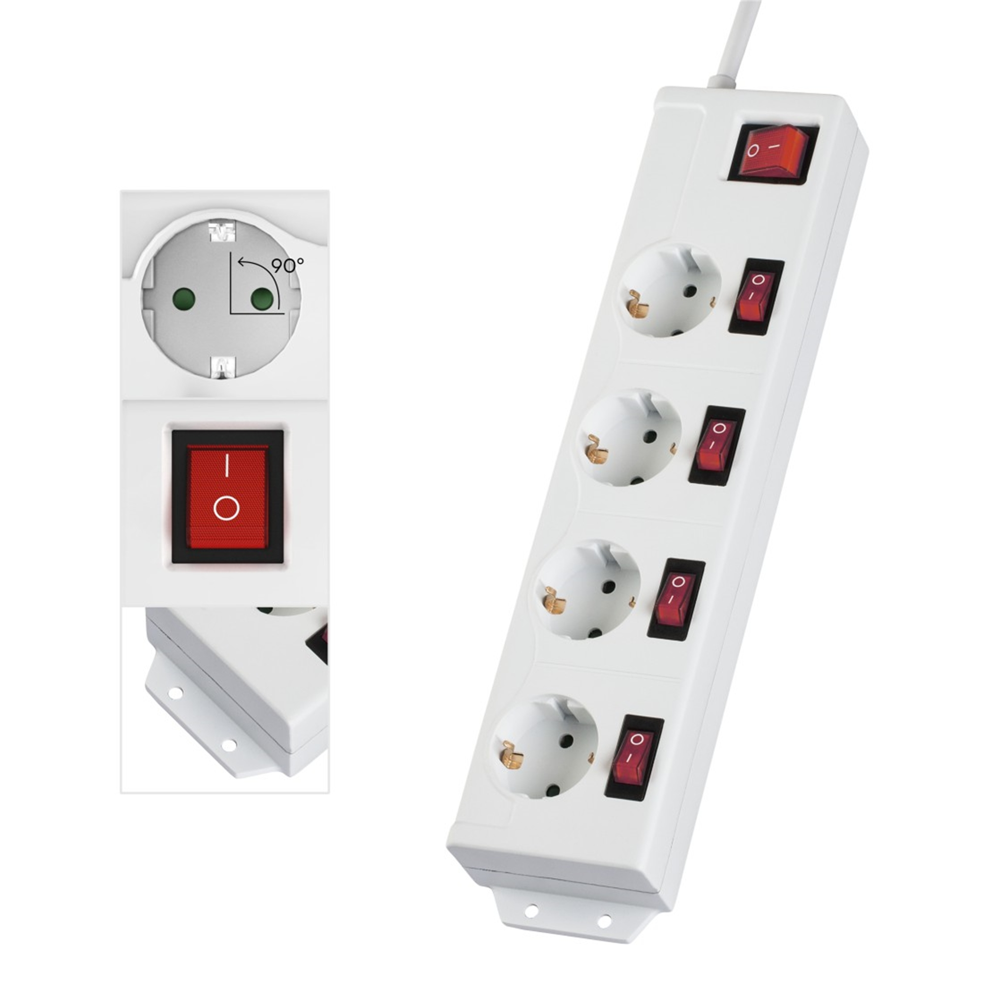 Weiße Steckdosenleiste mit vier Steckdosen, roten Ein-/Ausschaltern und einem Stecker. Nahaufnahme.