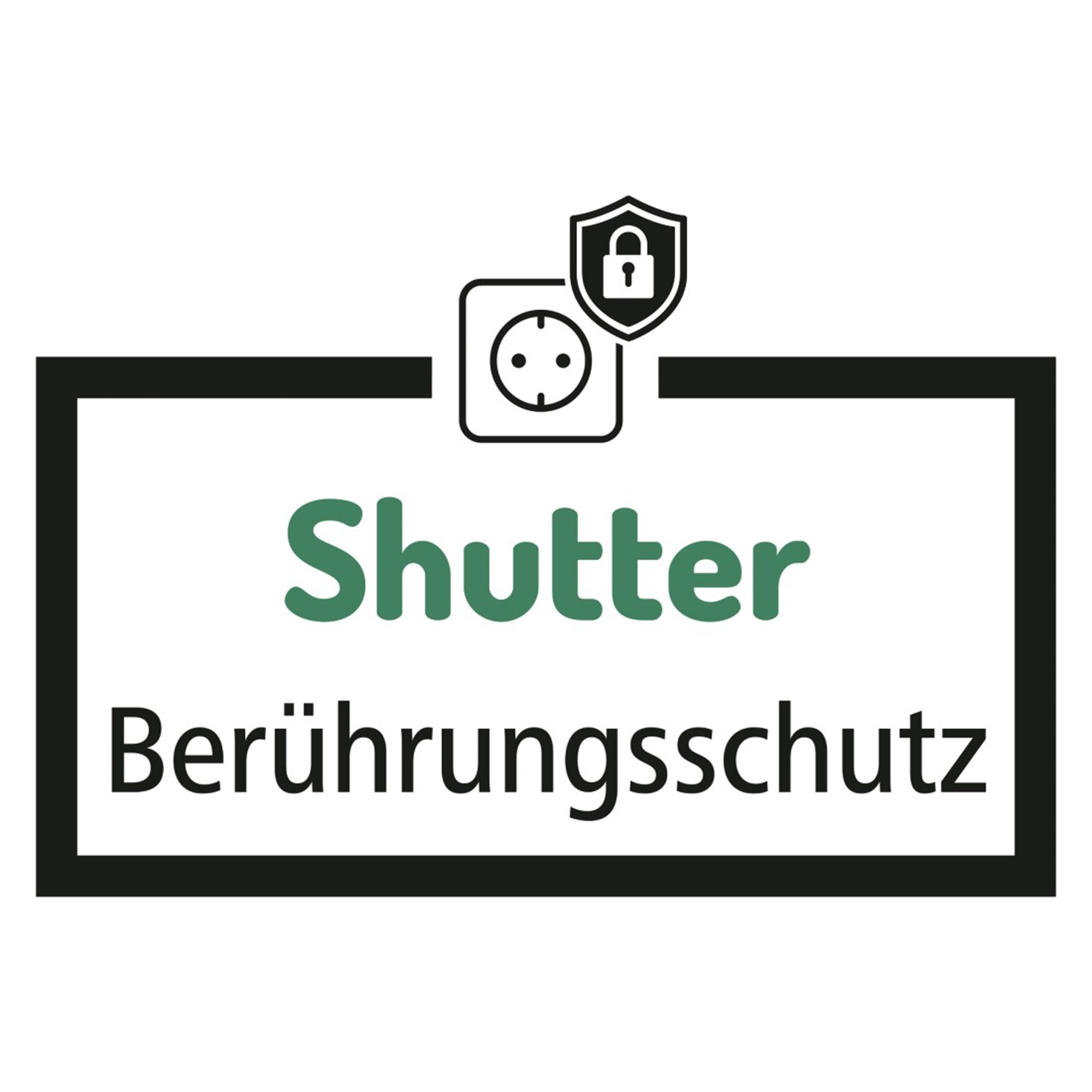 Logo mit grünem 'Shutter' und 'Berührungsschutz' Text. Enthält eine Steckdose und ein Schild mit Schloss.